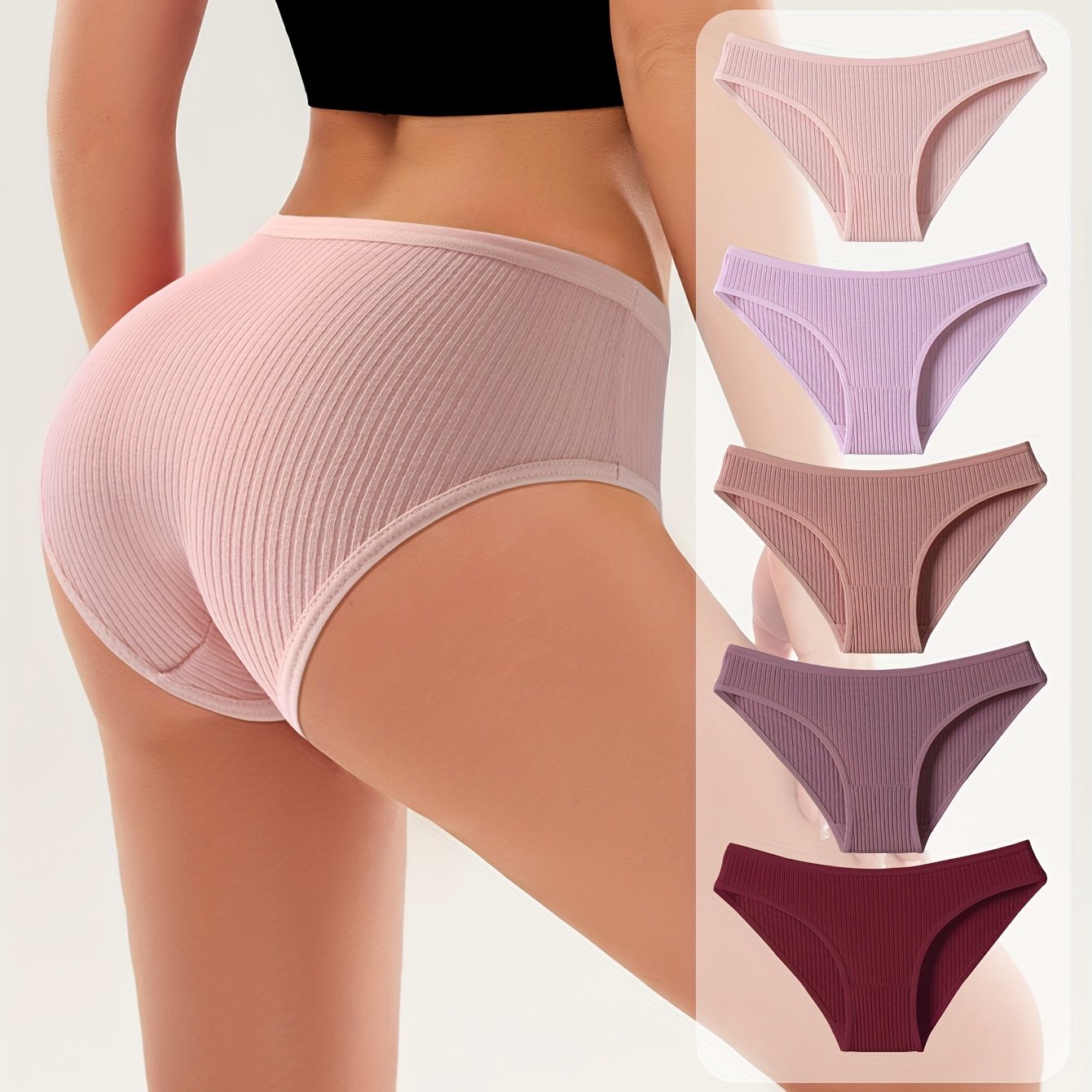 Women's Purple Ribbed Triangle Panties 5-Pack Cotton Comfortable Lingerie