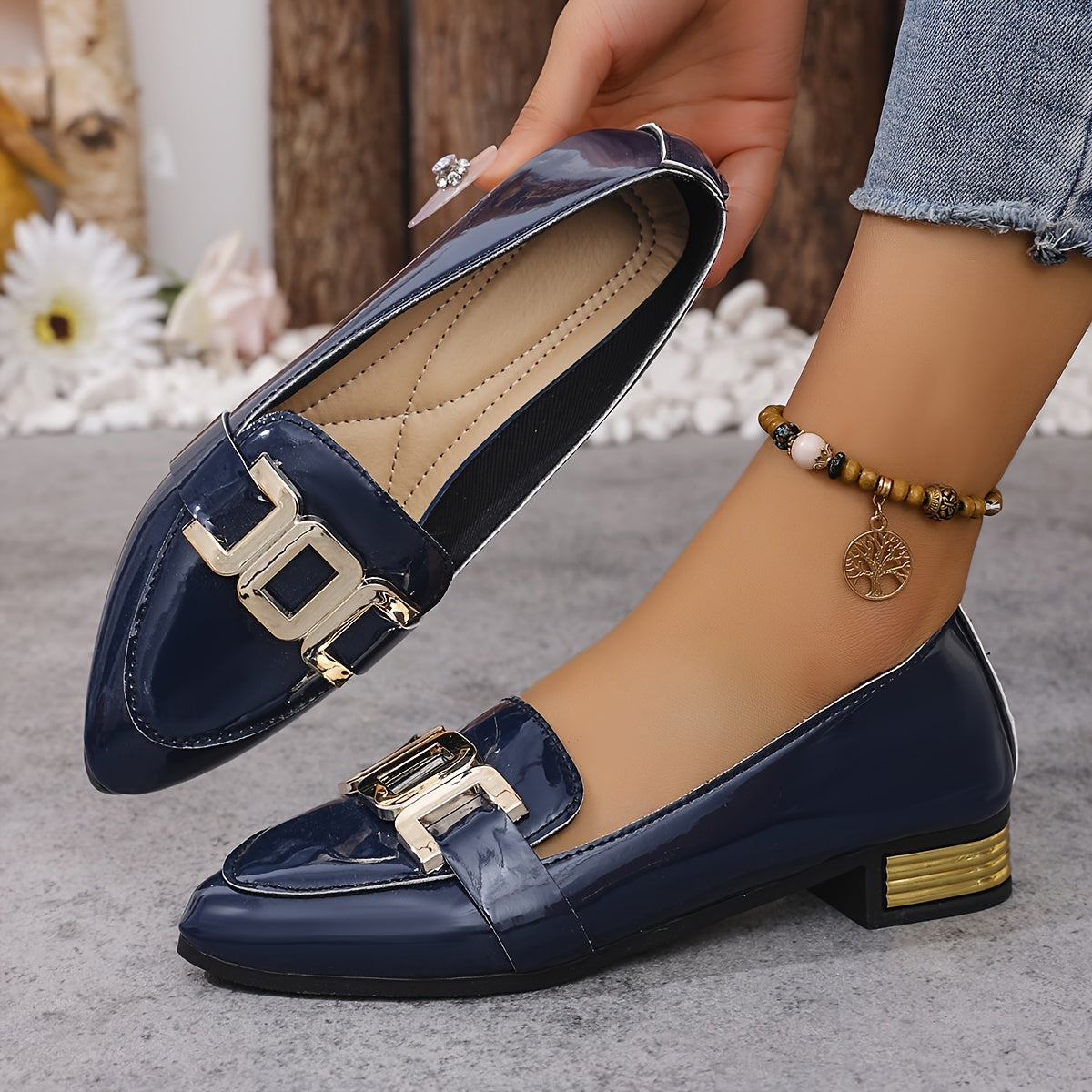 Women's White Pointed Toe Loafers with Metallic Buckle Synthetic Shoes