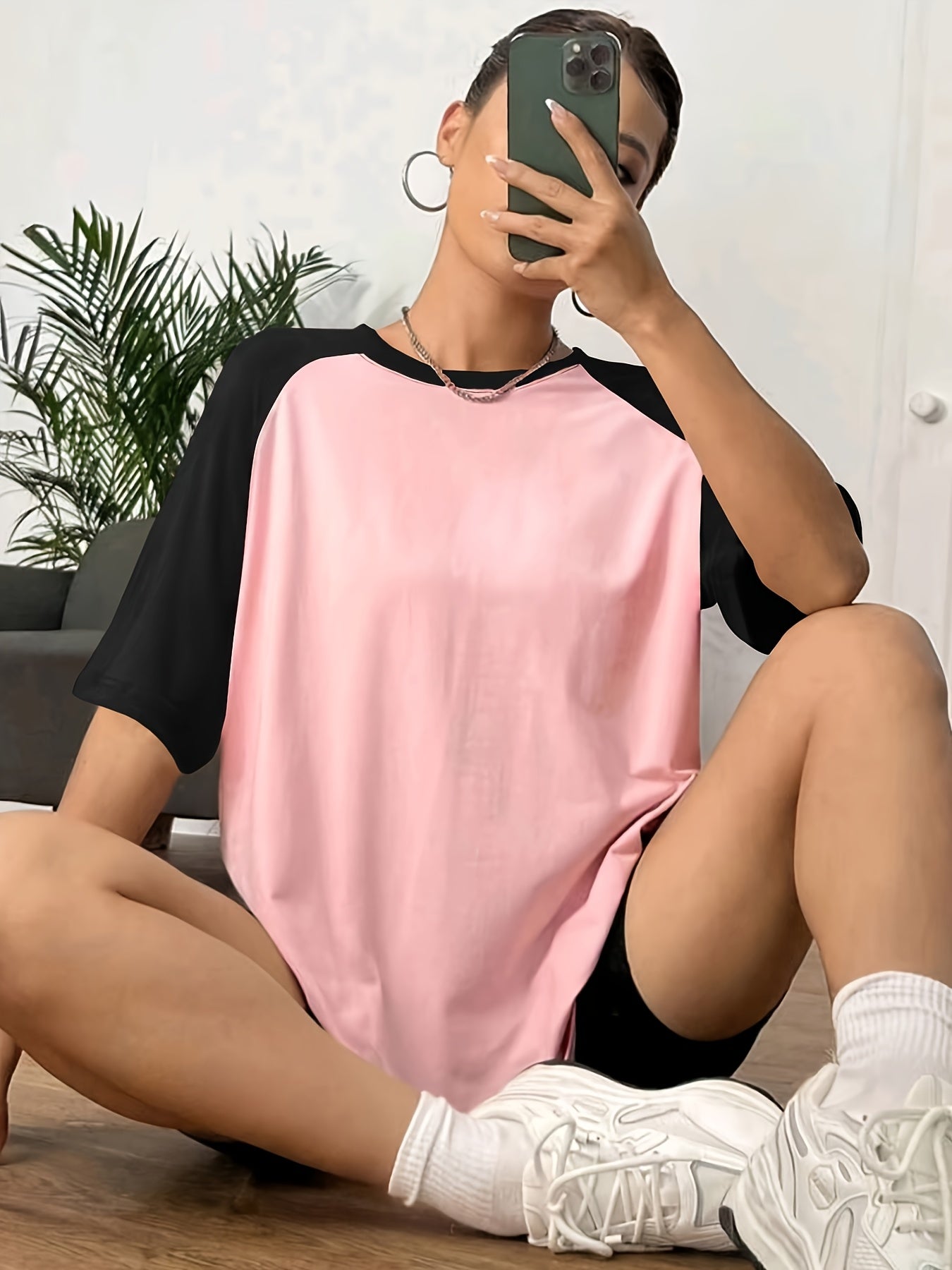 Women's Color-Blocked Black and White Baseball Tee Short Sleeve Oversized Plus Size