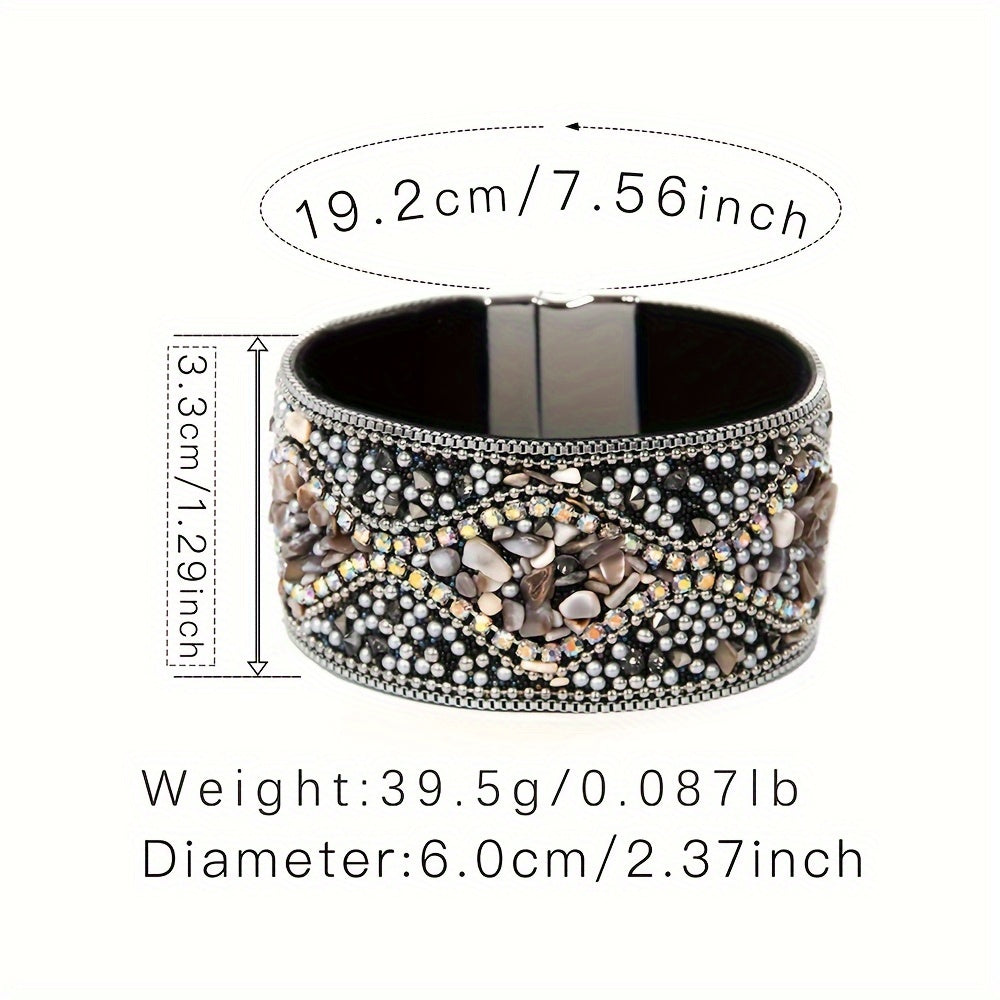 Women's Handmade Natural Stone Bead Faux Leather Bracelet with Magnetic Clasp