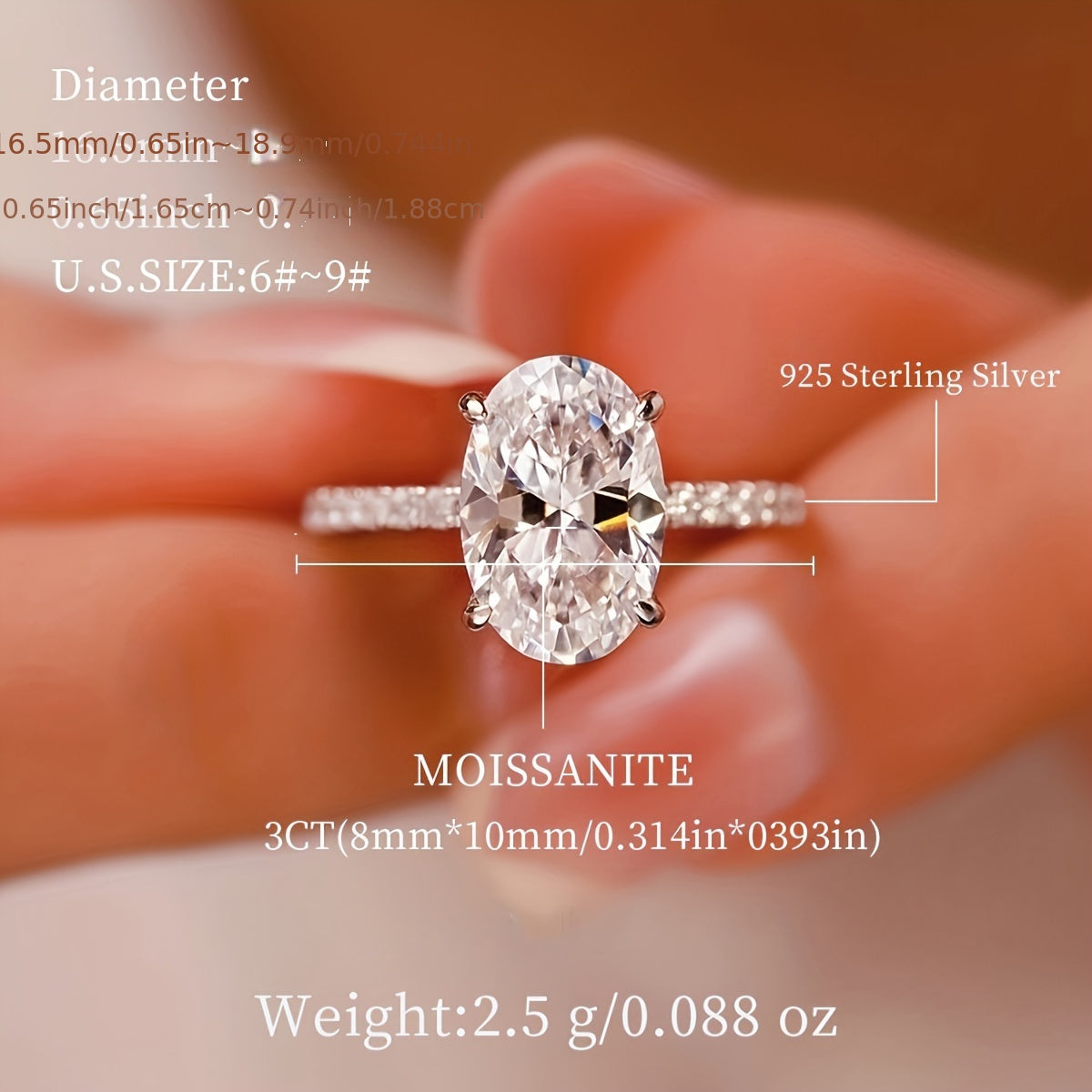 Ladies' Moissanite Ring 3ct Sterling Silver Wedding Jewelry Gift Box