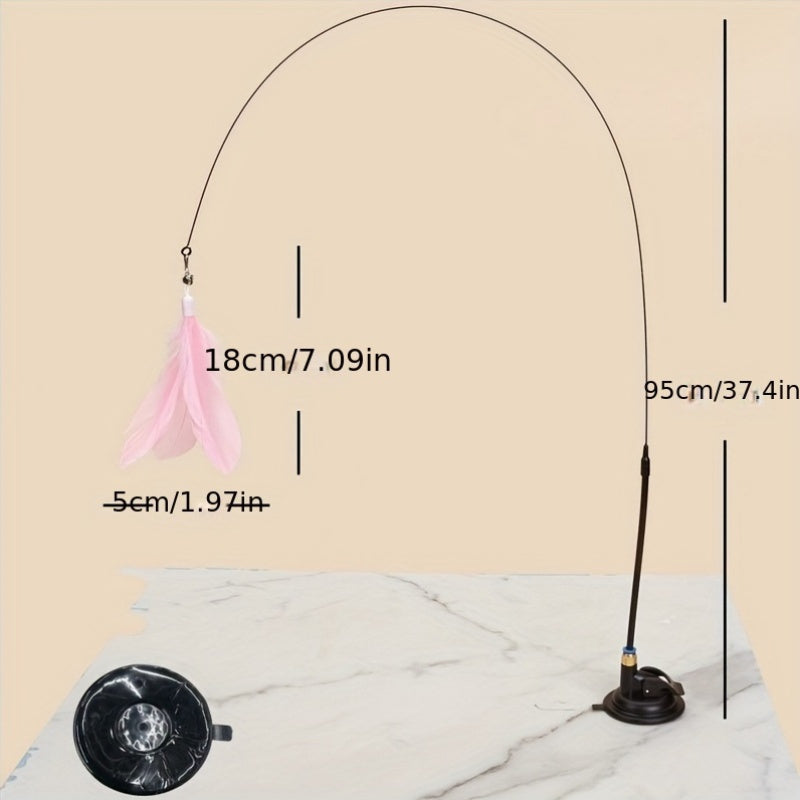 Interactive Cat Teaser Wand Toy with Steel Wire Detachable Feather and Suction Cup Base
