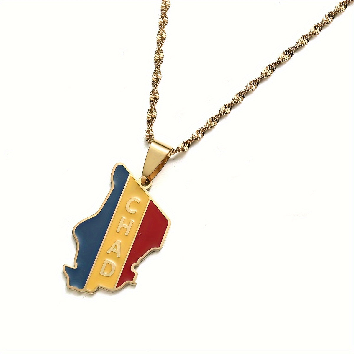 Chad Respublikasining zamonaviy pendanti - zanglamas po'latdan tayyorlangan, oltin va kumush ranglarining aralashmasi bilan, norasmiy kiyim va partiyalar uchun mukammal.