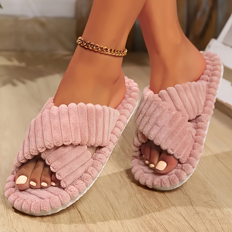 Women's Corduroy Cross Strap Indoor Slippers All-Season Comfortable Fuzzy Shoes