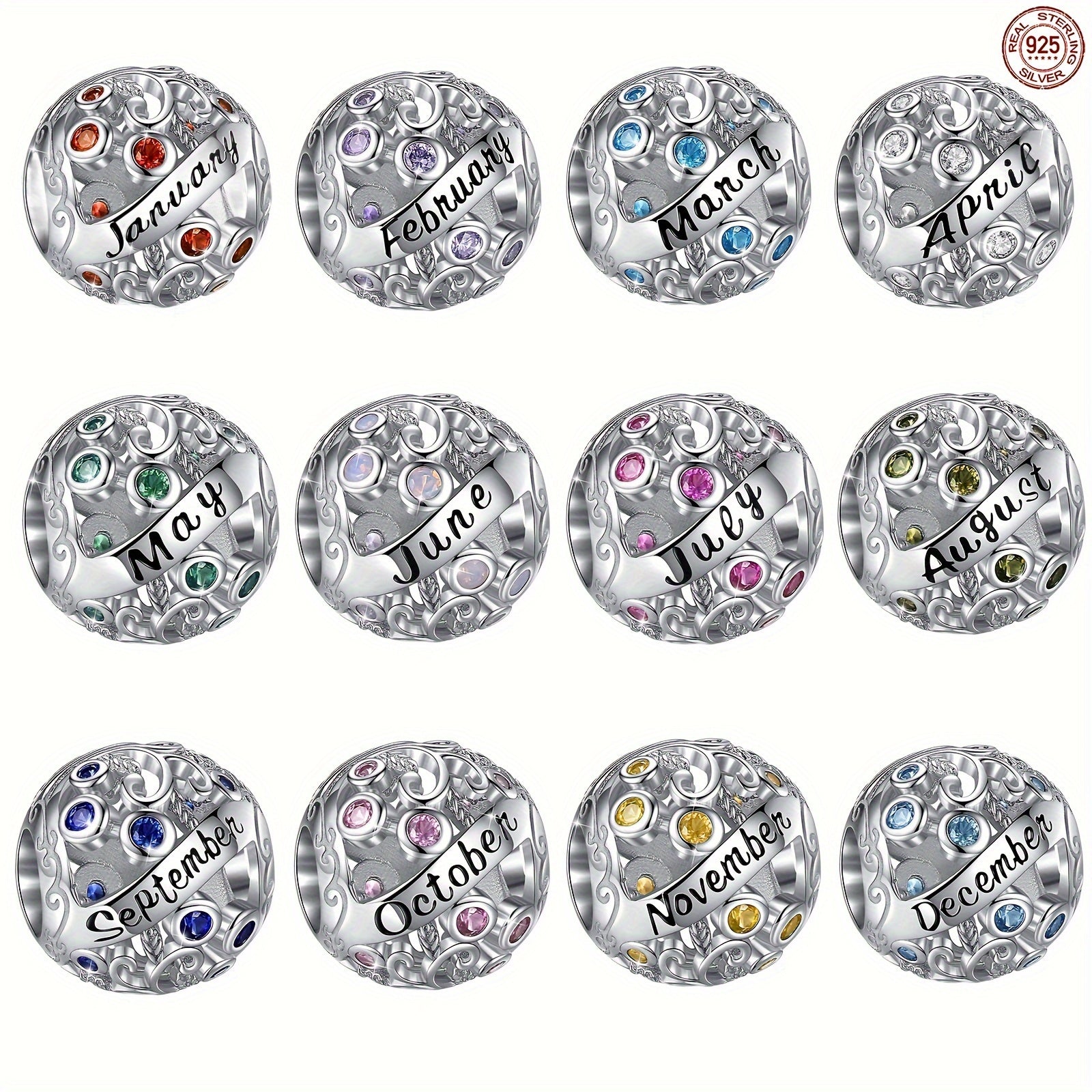 Sterling Silver Twelve Months Series Round Charm Beads for Bracelets and Necklaces
