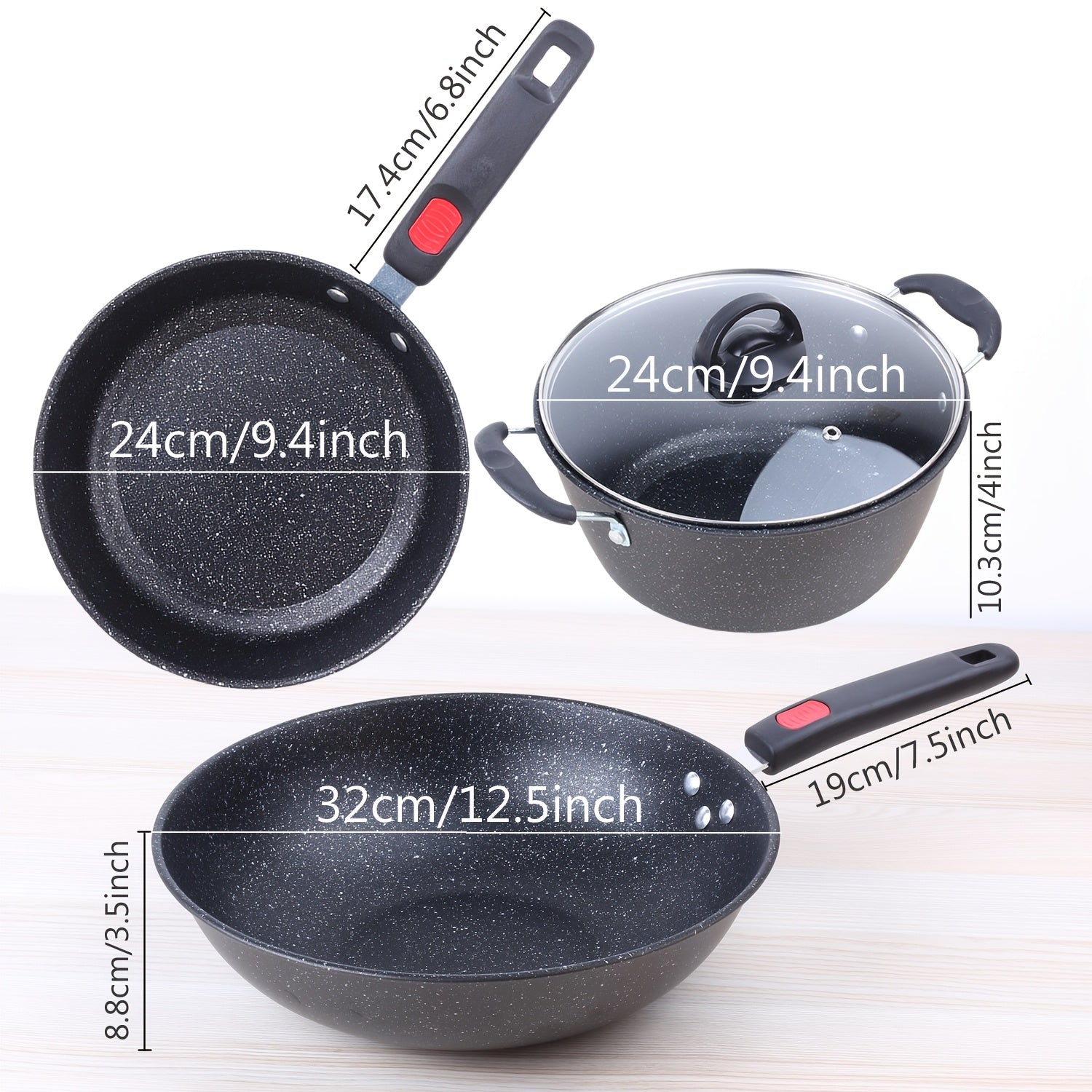 Uchta qozon to'plami, tosh qozon, qovurish panasi va qaynatish qozoni. Oila ovqatlari va qovurish uchun mukammal, oson pishirish uchun yopishmaydigan qoplama bilan. Steyklar va Xitoy taomlari uchun ajoyib.