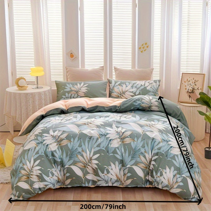 Green Leaf Print Duvet Cover Set with Pillowcases 3 Pieces Soft Polyester for Bedroom