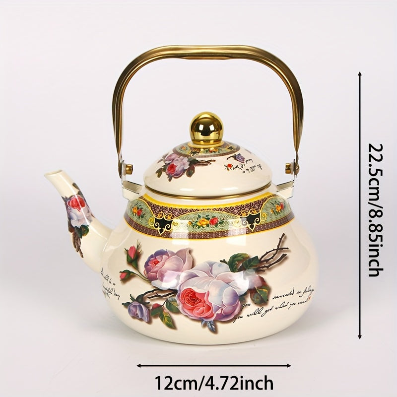 Vintage Enamel Tea Kettle with Gold-Plated Steel Handle 1100W Non-Electric Water Boiler