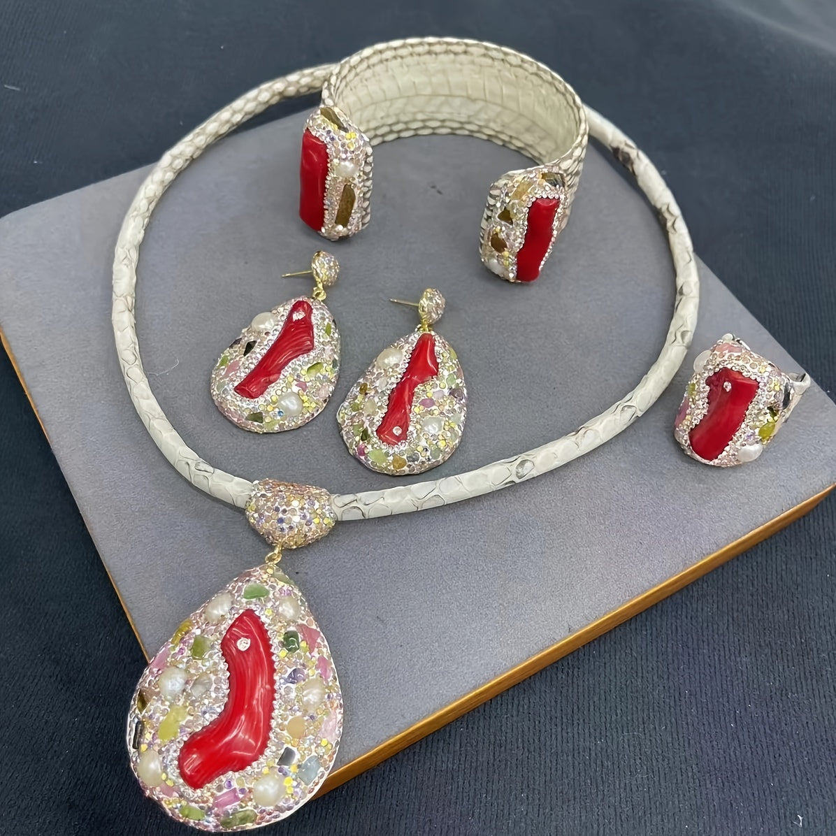 Vintage Drop Shape Dangle Earrings with Natural Stone Inlay and Matching Ring Bangle Necklace Jewelry