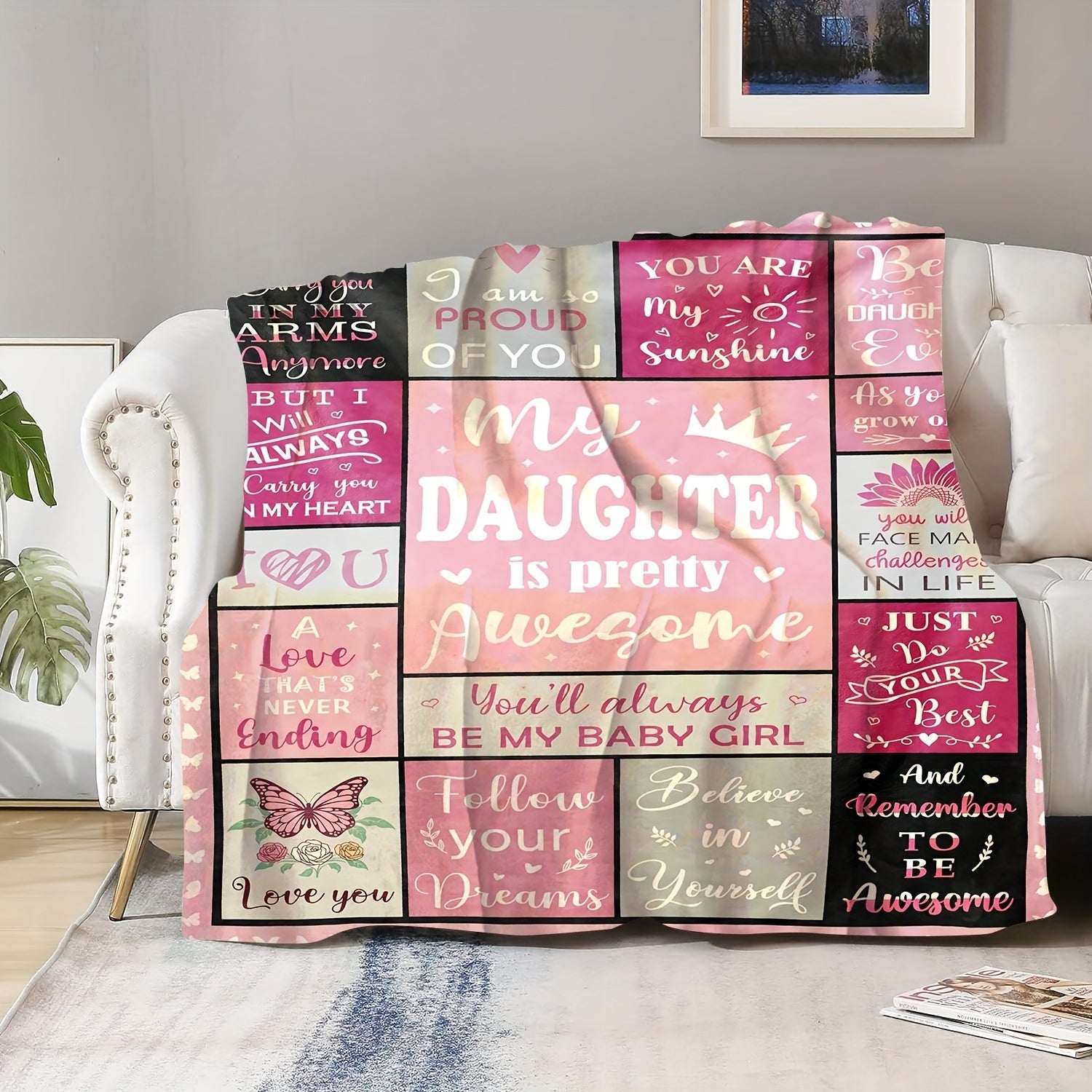 Pink Flannel Throw Blanket with Patchwork Pattern and Inspirational Quotes for Girls