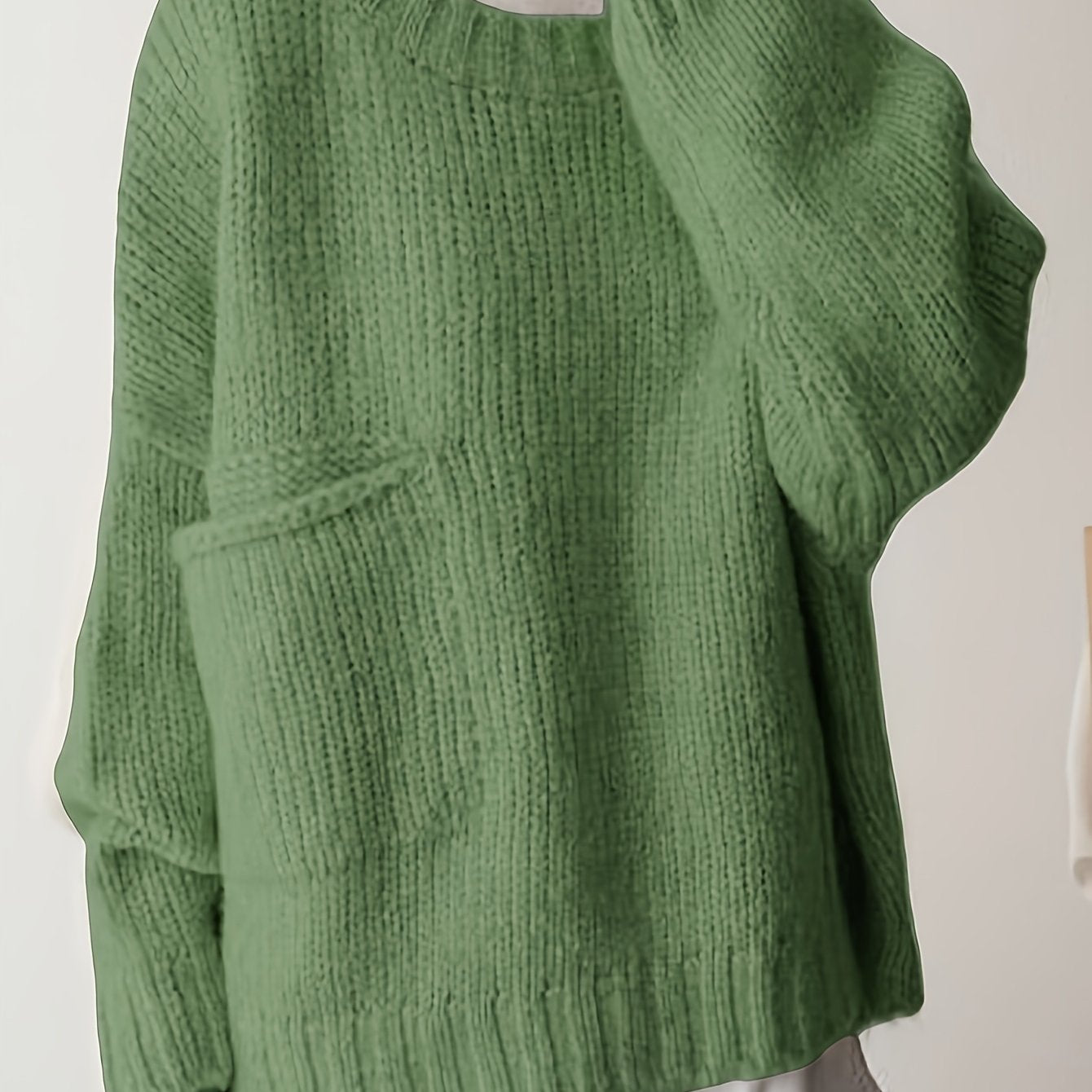 Suéter de punto verde de talla grande para mujer con bolsillos, cuello redondo, manga larga y cómodo