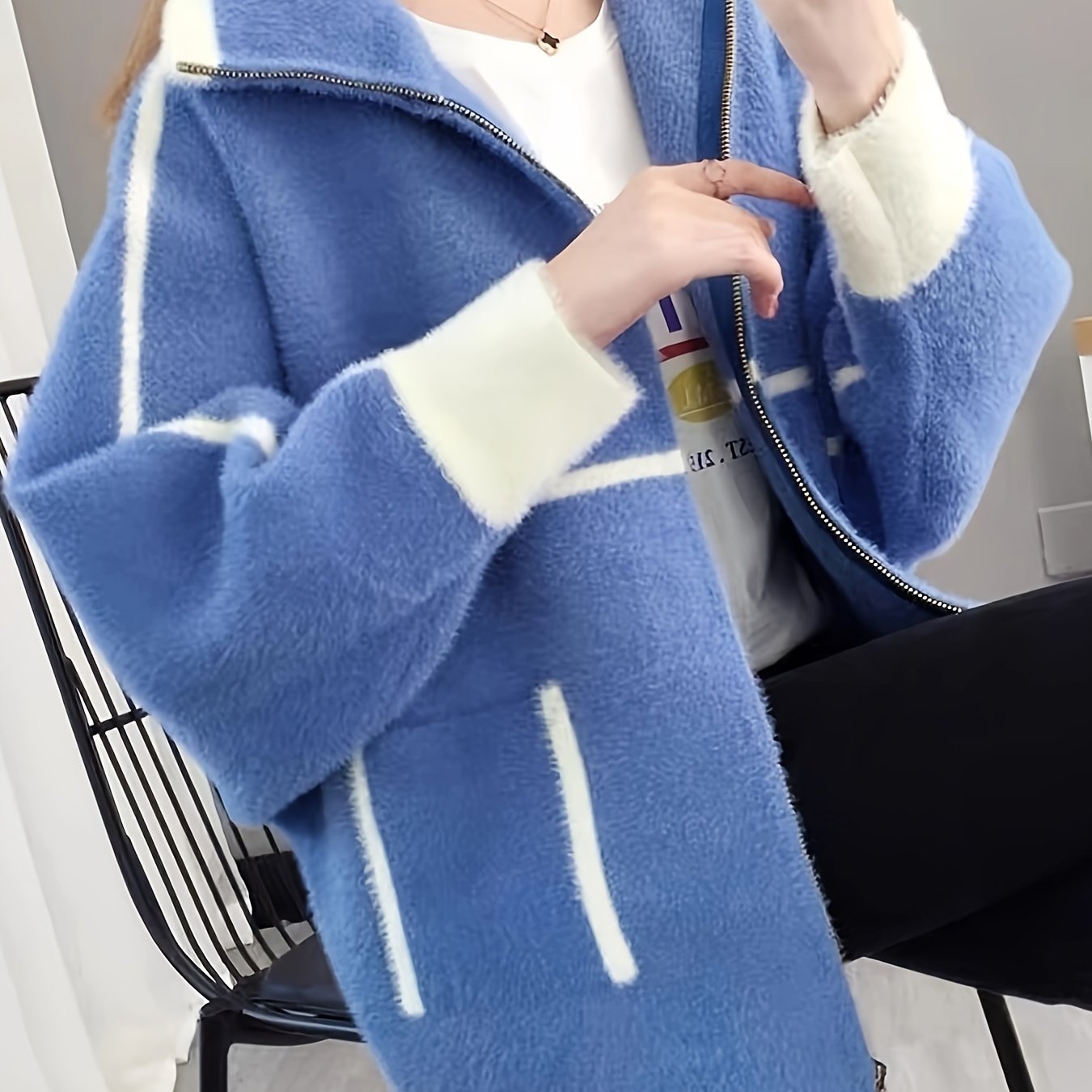 Women's Red Polyester Knit Cardigan with Hooded Zip-Up Jacket and Contrast Trim