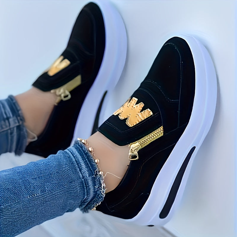 Women's Red Slip-On Sneakers with Zipper Low Top Lightweight PU Sole