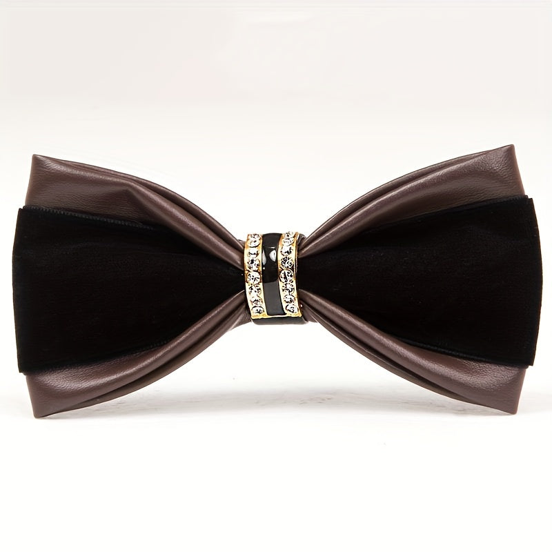 Leather Bow Tie with Rhinestones for Weddings and Formal Events in Black Velvet or Gold