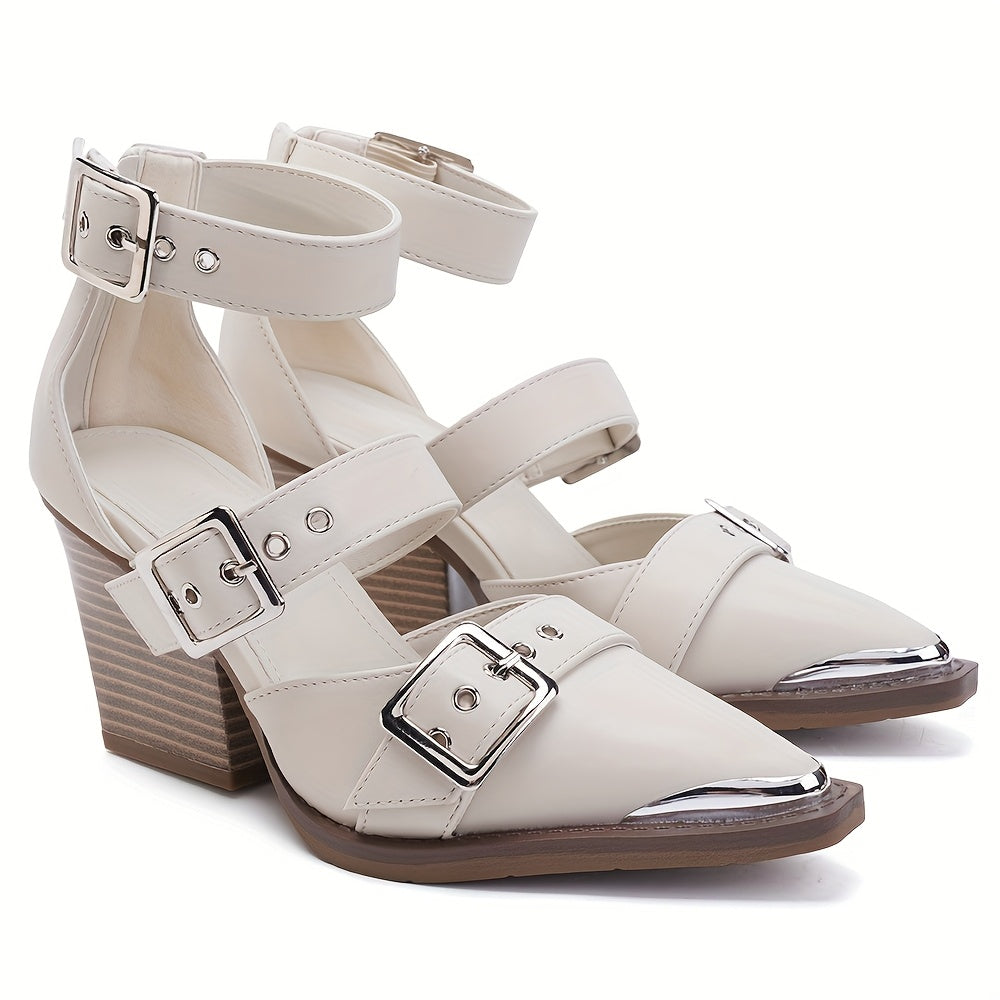 Women’s Leather High Heels with Pointed Toe and Adjustable Buckle