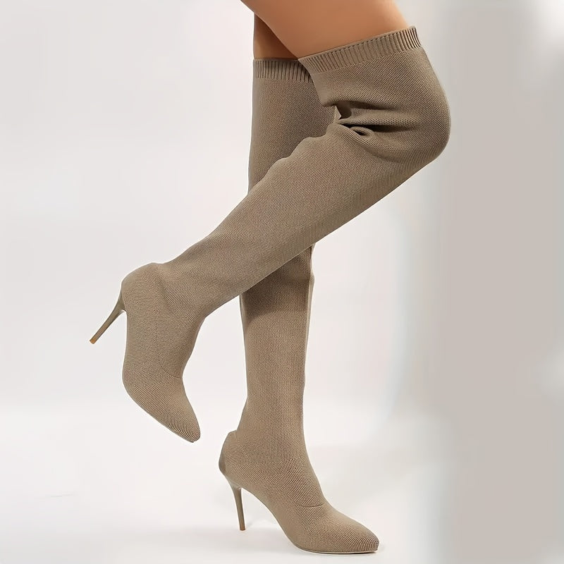 Women's Beige Knee-High Boots with Pointed Toe and Stiletto Heel