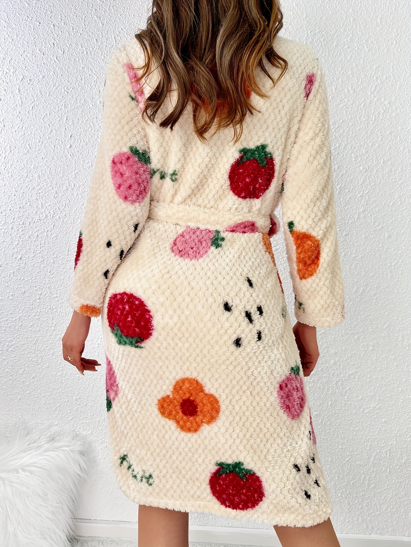 Women's Flannel Bathrobe with Fruit Print Long Sleeve Winter Cozy Loungewear