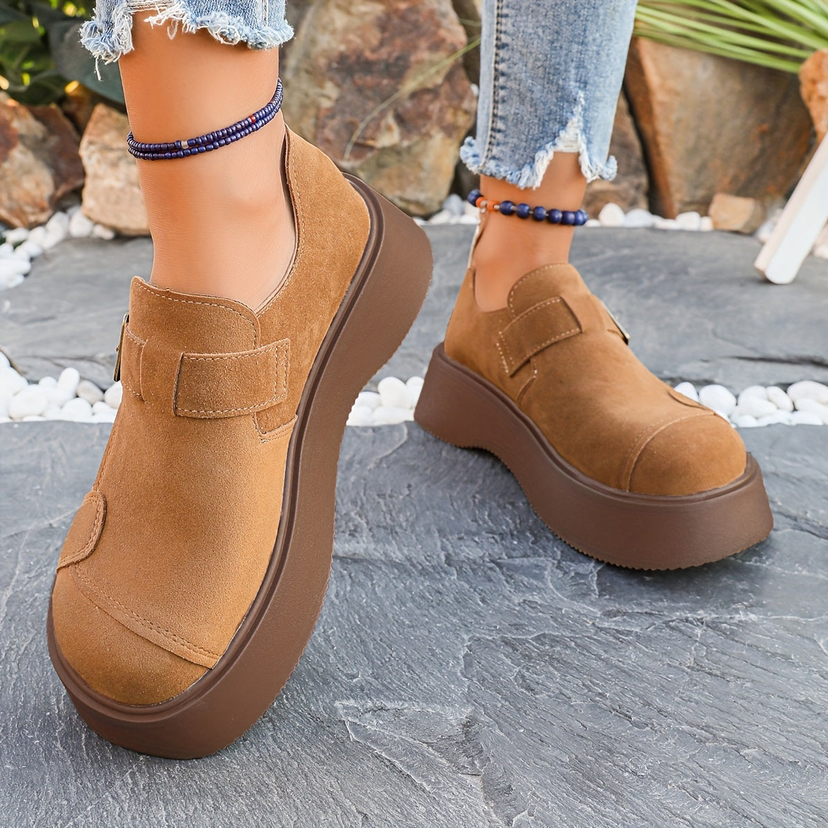 Women's Retro Leather Loafers with Metal Buckle Strap and Thick Sole