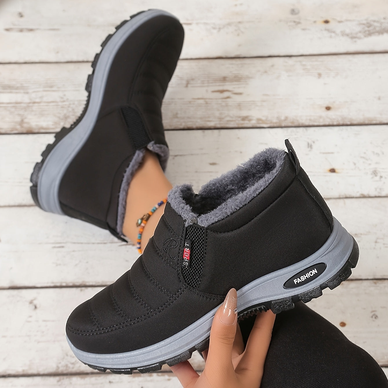 Women's Winter Ankle Boots Plush Fleece Lining Casual Slip-On Black