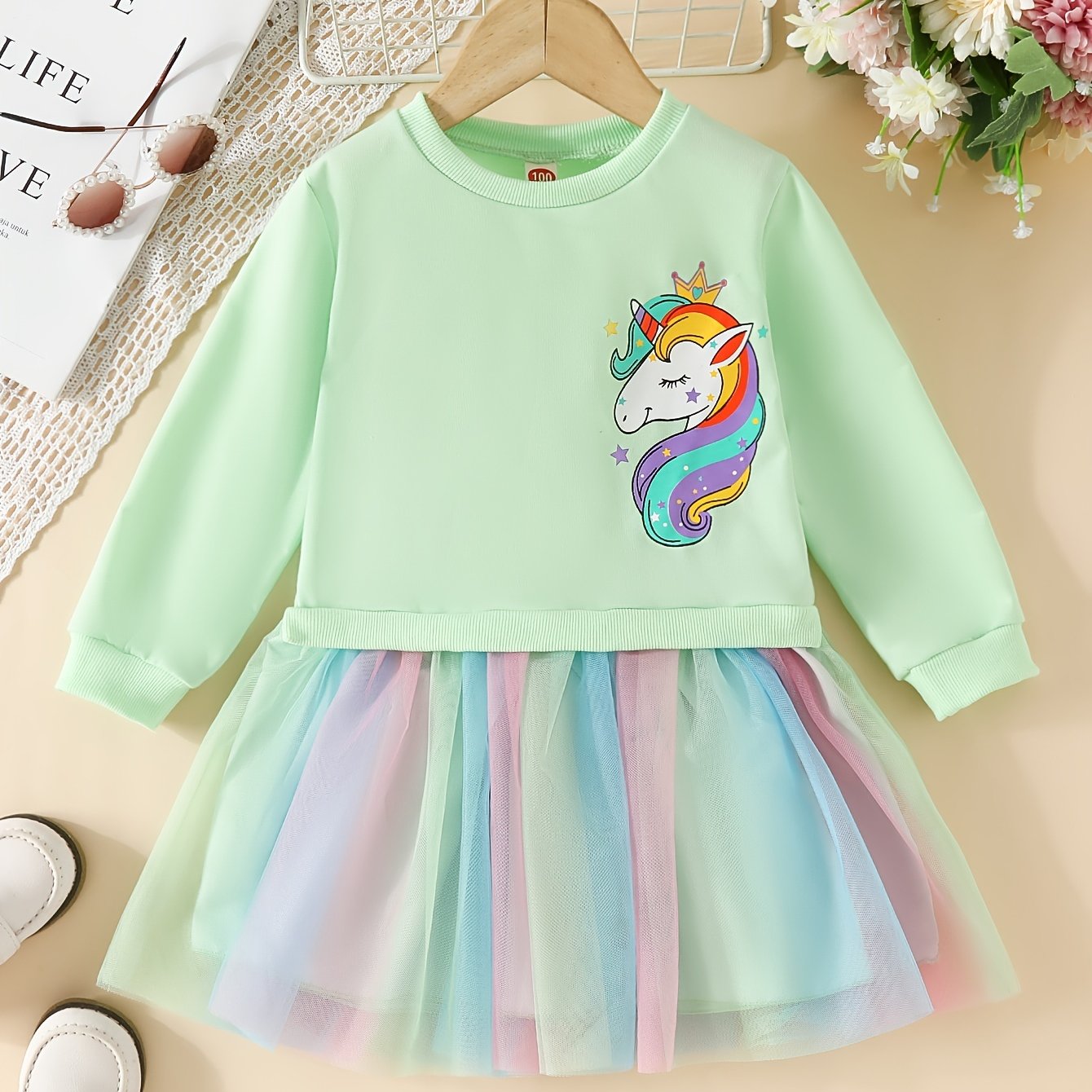 Girls Rainbow Tutu Dress with Unicorn Print Long Sleeve Midi Autumn Spring