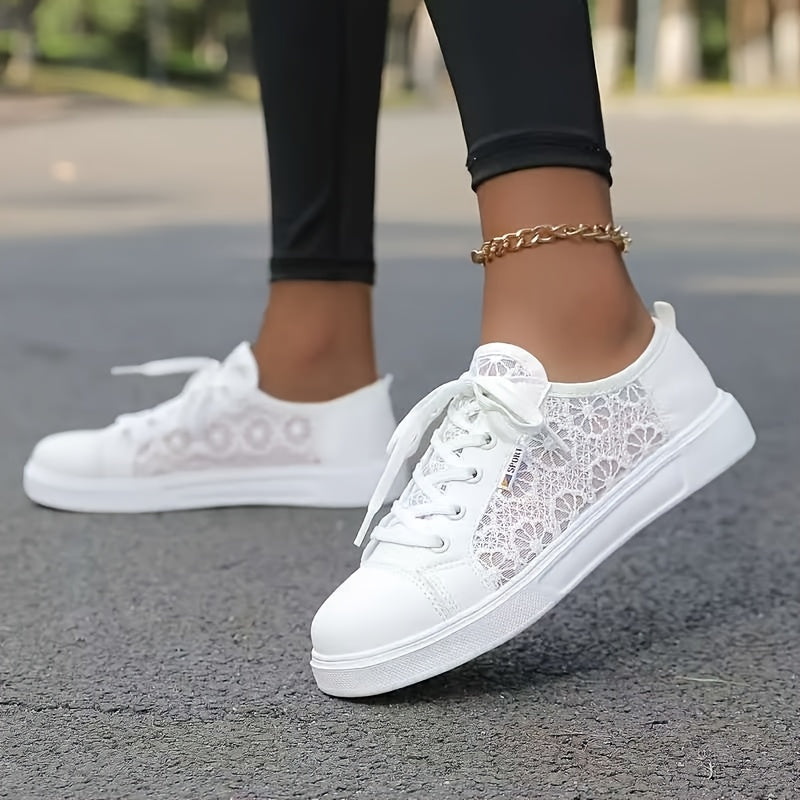 Women Lace Hollow Casual Sneakers White Breathable Flat Shoes