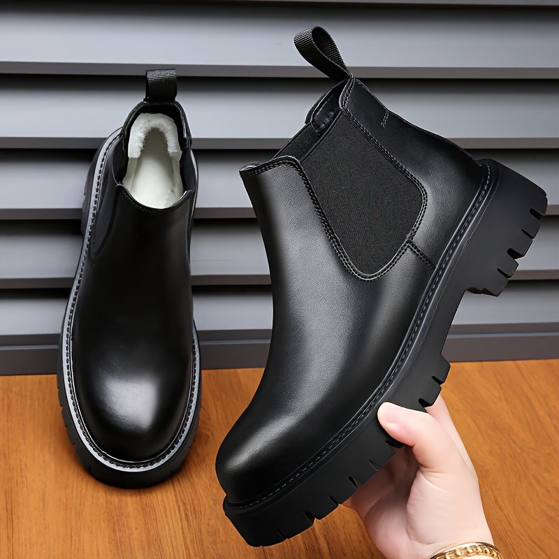 Botines de invierno para hombre con forro de felpa y slip-on, con punta redonda y suela de goma, negro sintético
