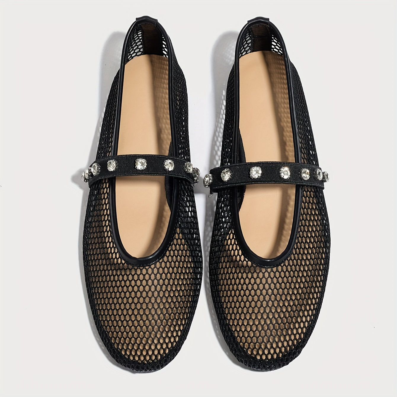 Women's Mesh Ballet Flats with Rhinestone Strap and Round Toe