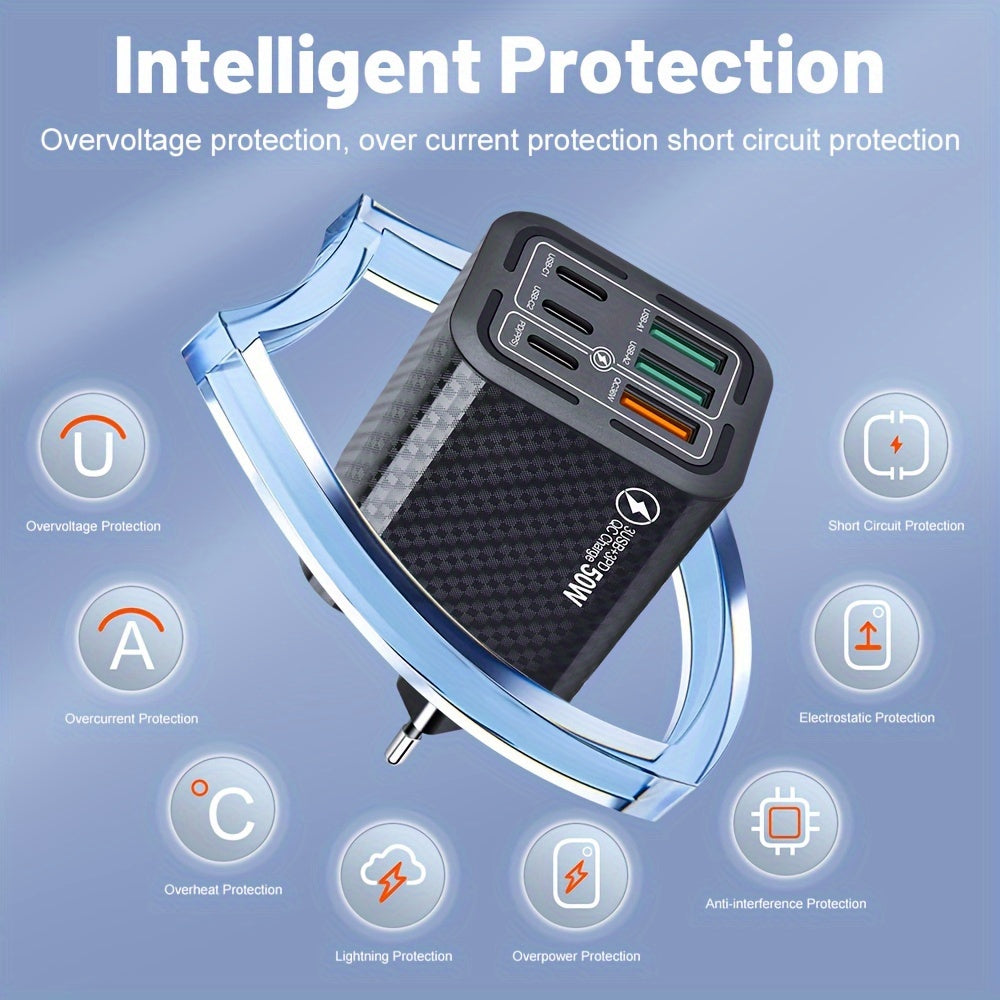 50W 6-Port USB C Charger Fast Charging Multi-Device Power Adapter for iPhone and Samsung