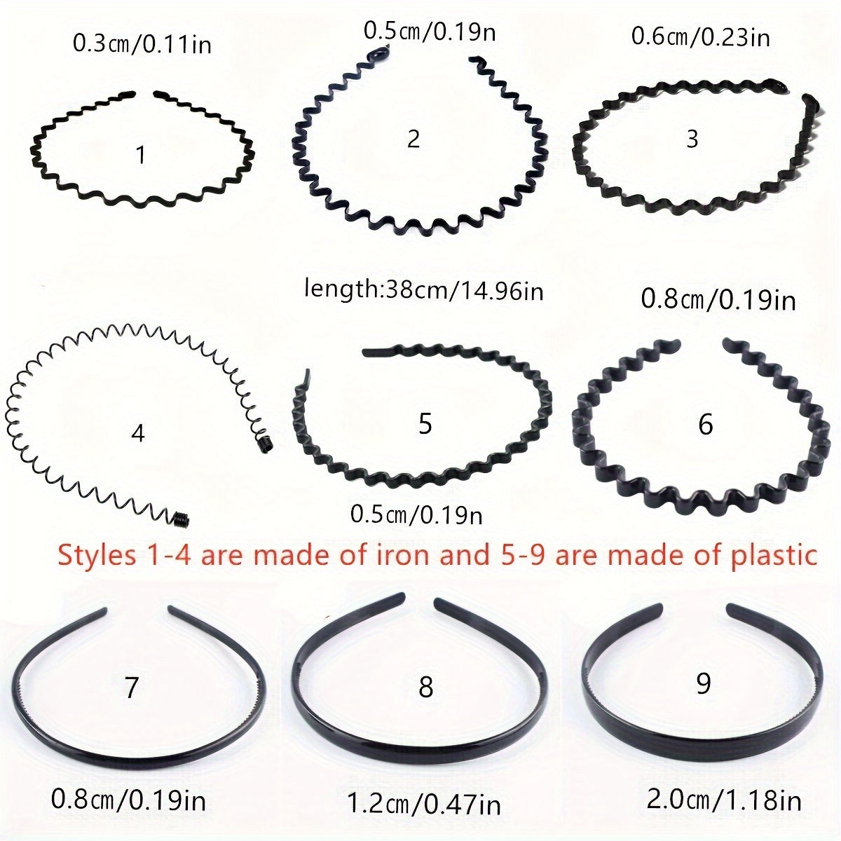 Set of 9 Black Metal Wave Hair Bands Unisex Sports and Daily Wear
