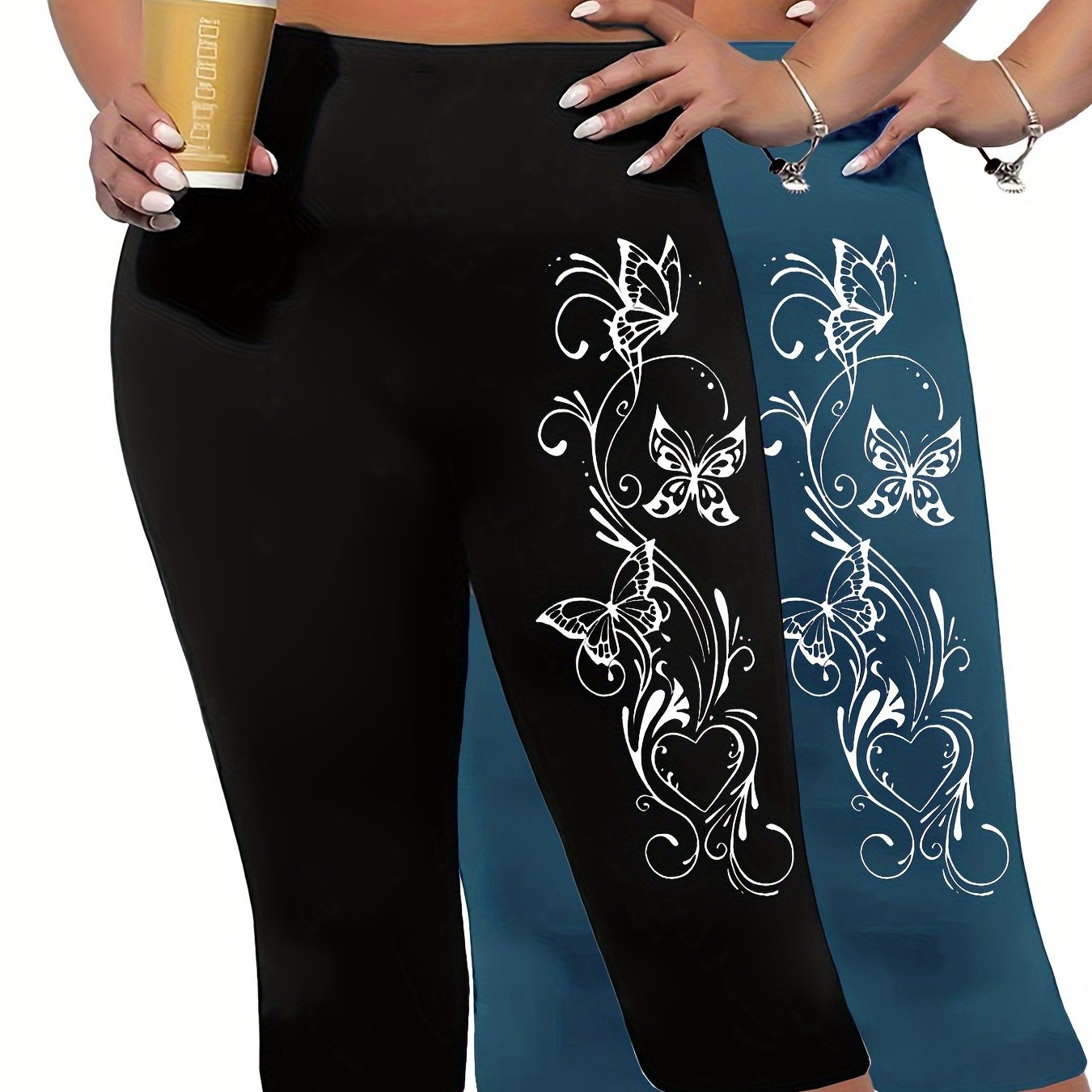 Plus Size Butterfly Print Capri Leggings High Waist Stretchy Spring Summer Women