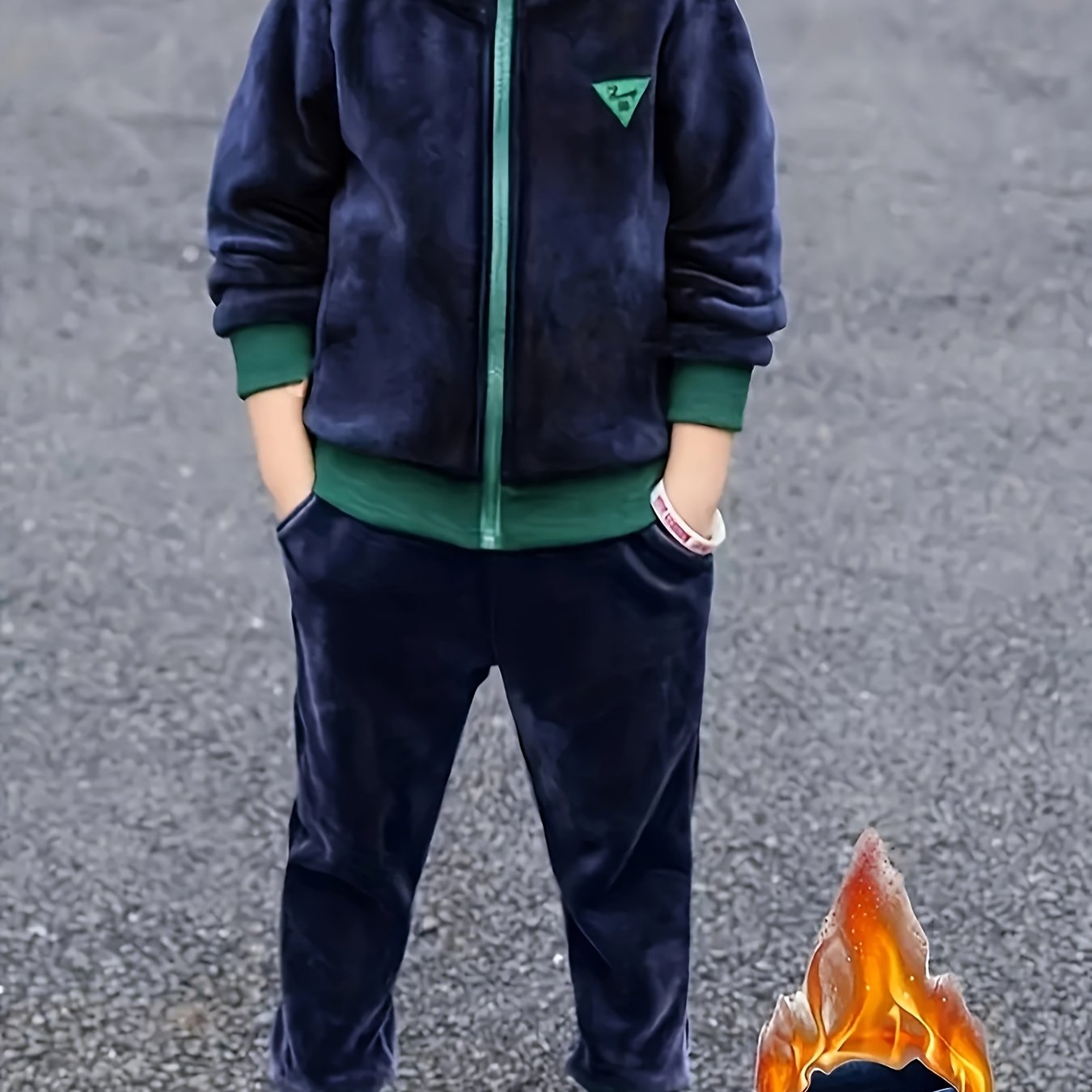 Boys Velvet Hooded Two-Piece Suit Fall Winter Zipper Alphabet Pattern