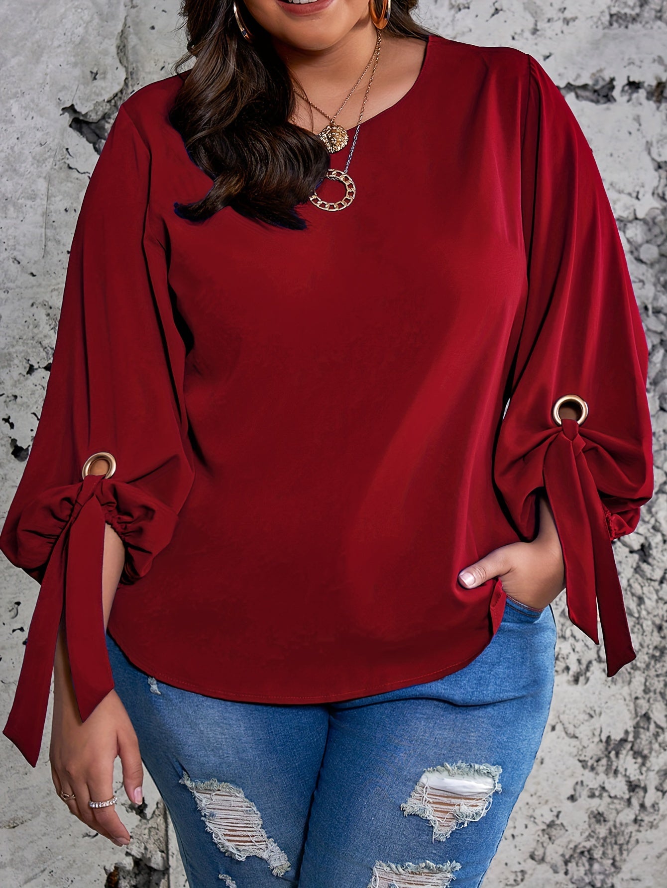 Plus Size Women's Casual Top with Solid Colors Lantern Sleeves Round Neck