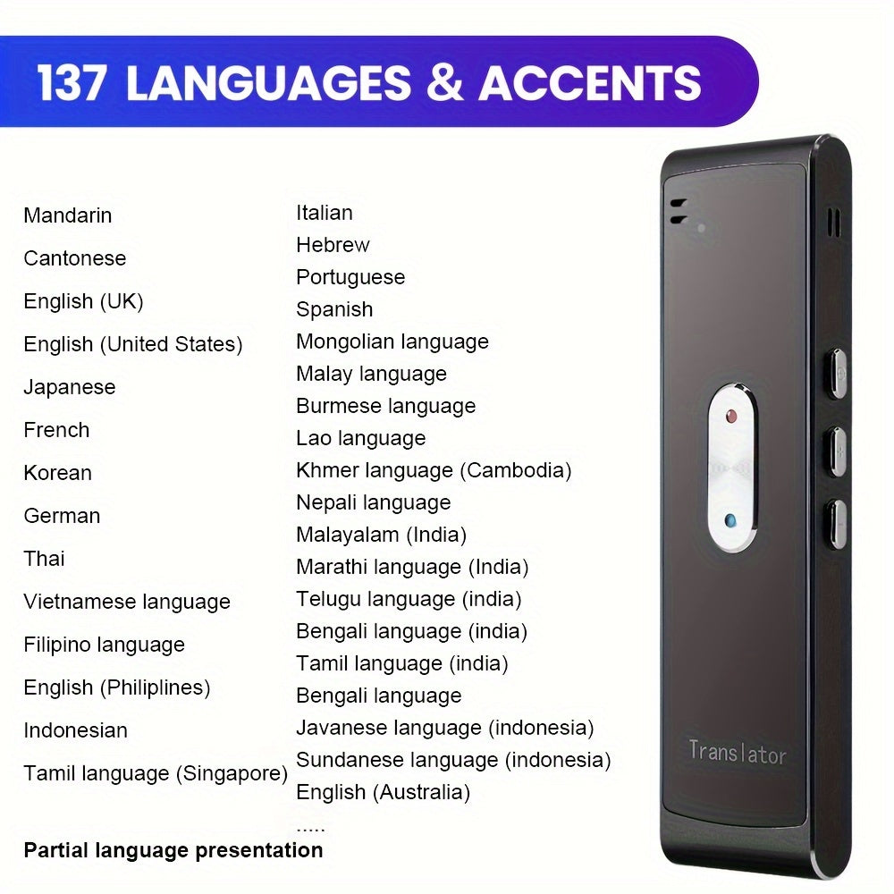 Real-Time 2-Way Voice Translator with 137 Languages USB Rechargeable Wireless for Travel Learning Business