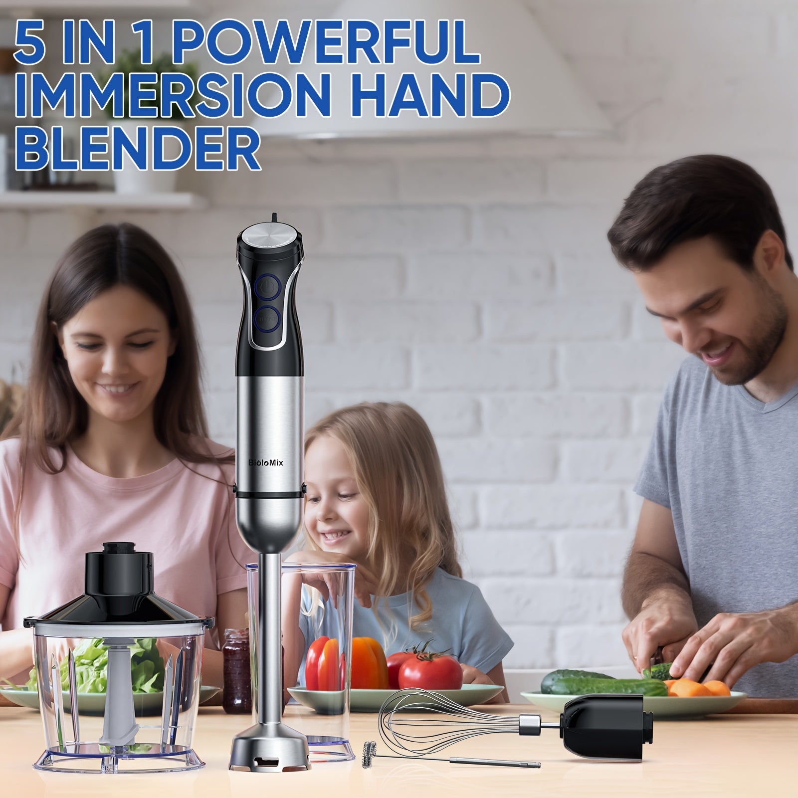 5-in-1 Handheld Immersion Blender 1500W Stainless Steel with Egg Whisk Milk Frother Chopper and Smoothie Cup
