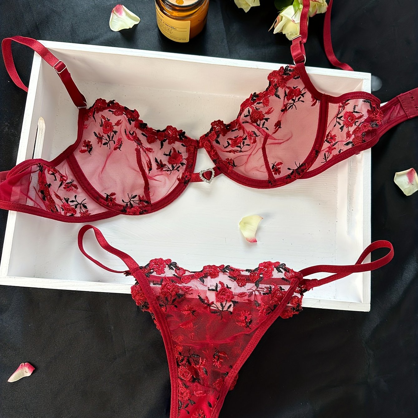 Women's Floral Embroidery Lingerie Set with Unlined Bra and Mesh Thong