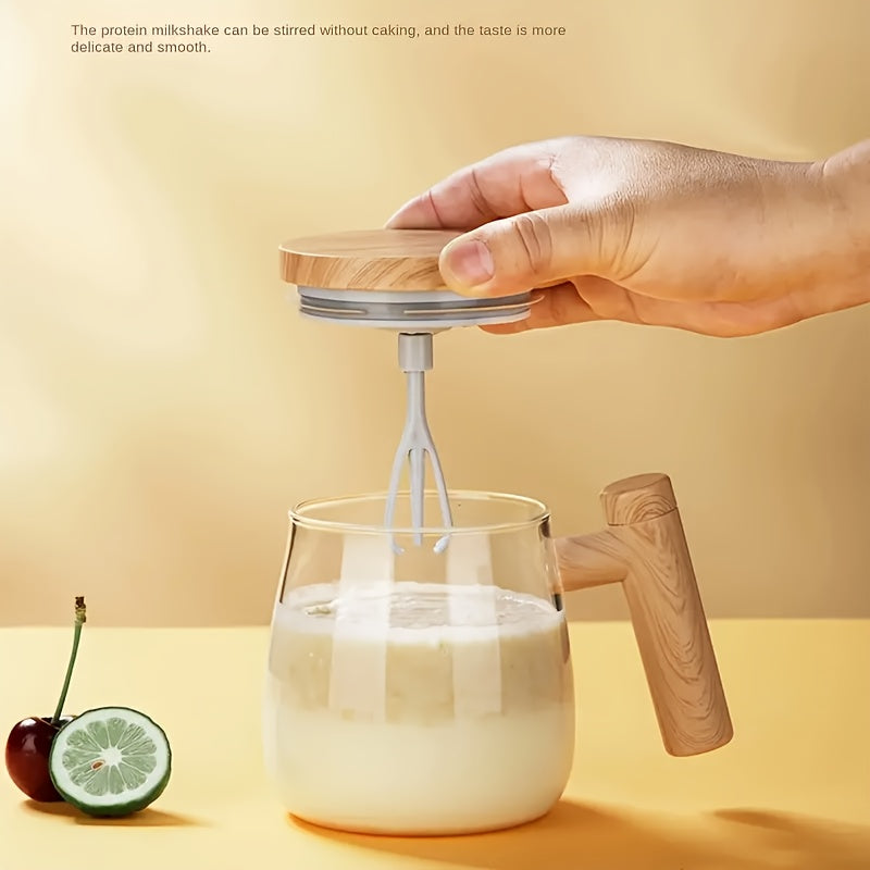 Self-Stirring Glass Mug 13.53oz Borosilicate Battery-Operated with Wooden Handle