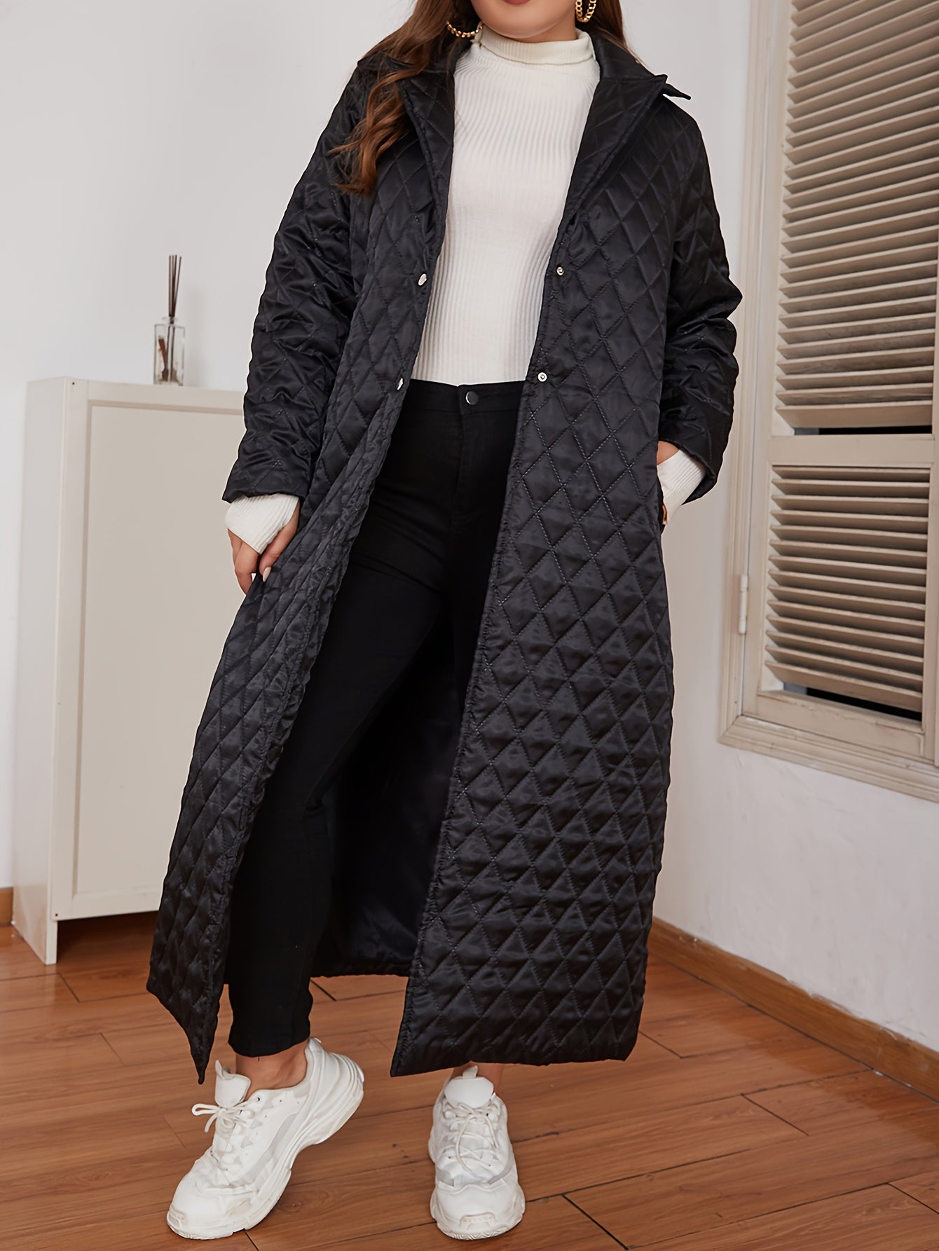 Plus Size Long Coat for Fall Winter Polyester V-Neck Solid Color Casual
