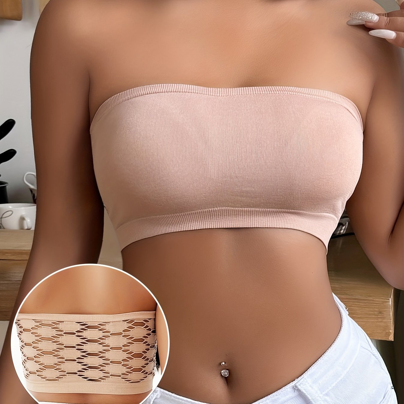 Women's Breathable Wireless Bandeau Bra with Hollow Mesh Fabric