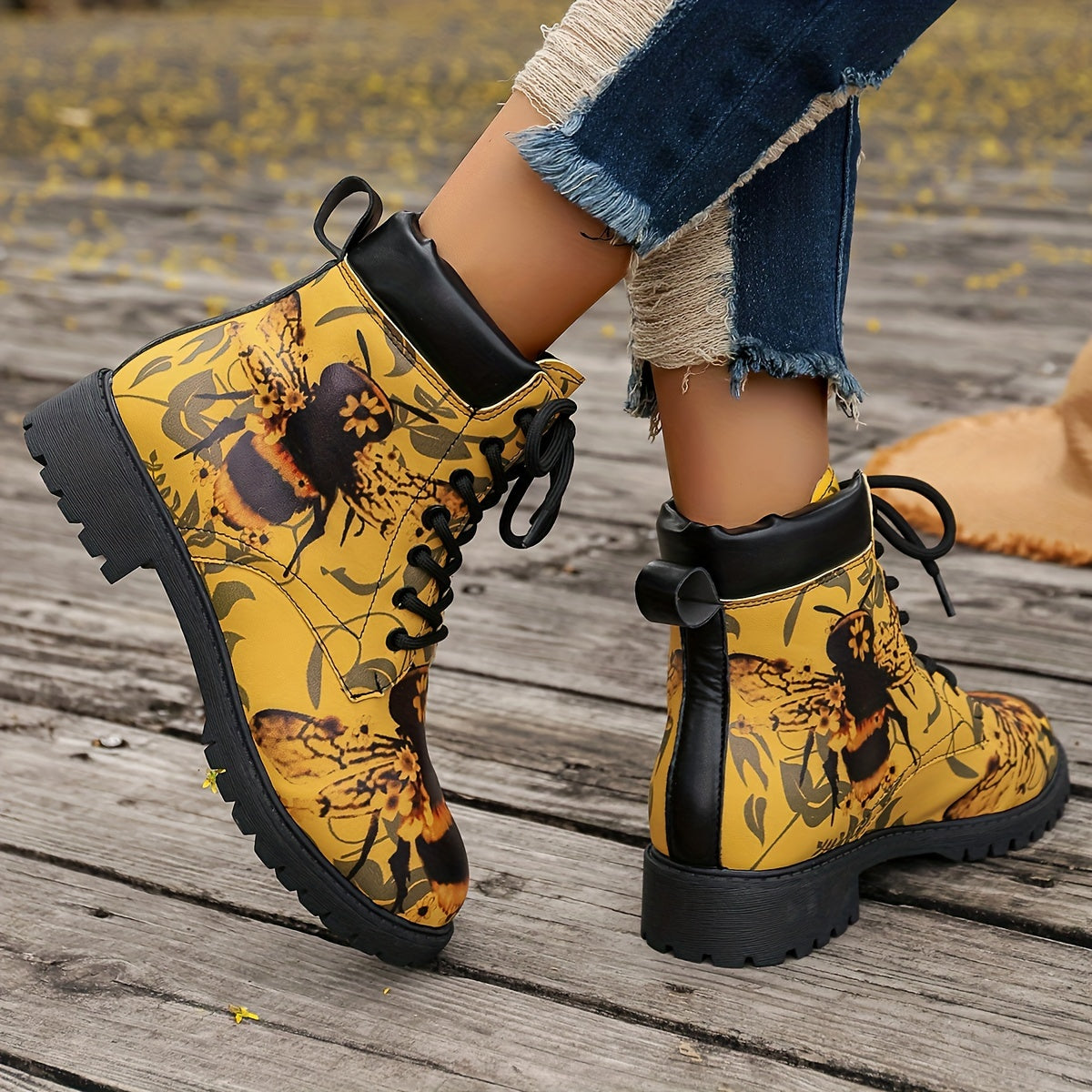 Women’s Western Ankle Boots Floral Insect Print Non-Slip Cushioned Yellow Black