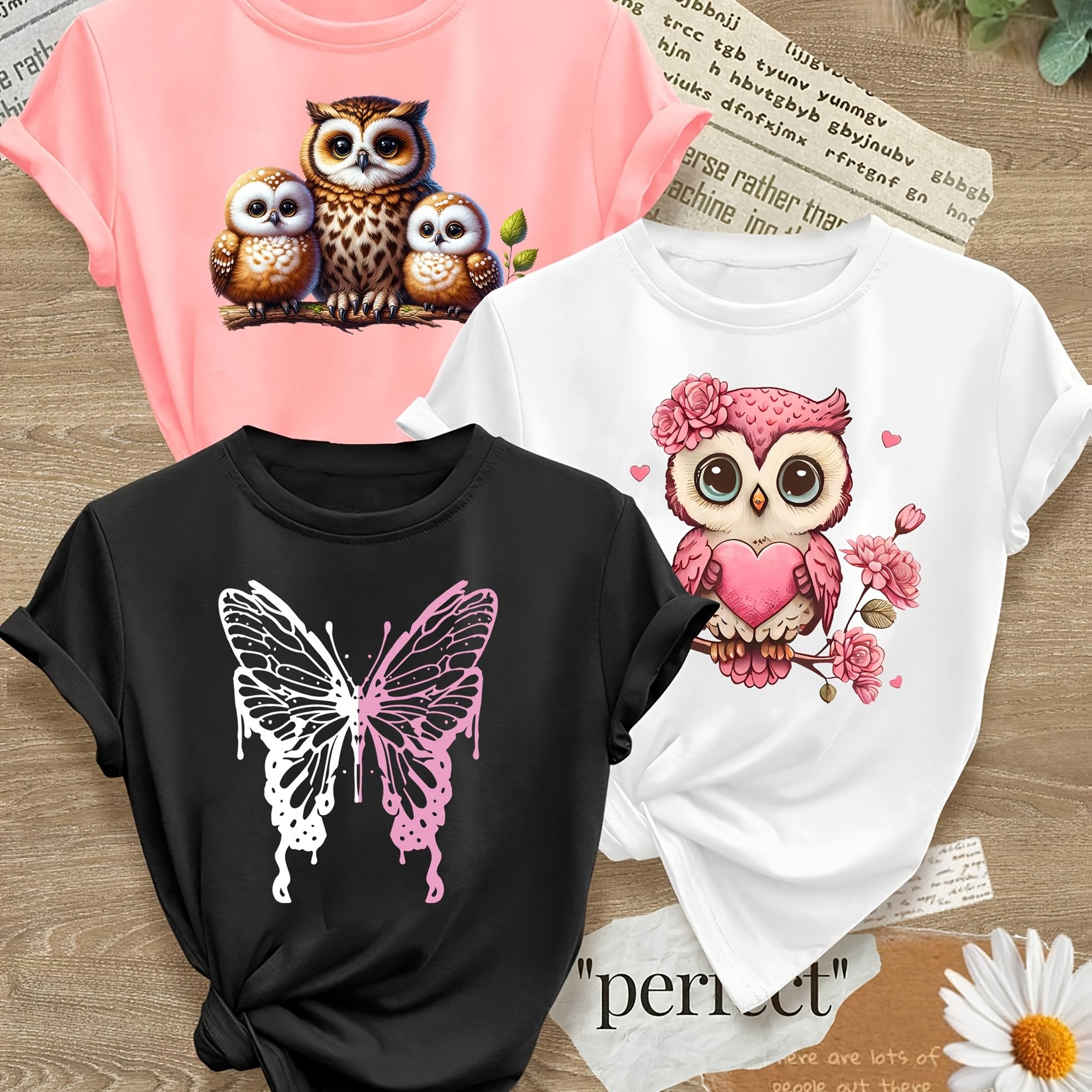 Women's Polyester Casual T-Shirts Set 3 Pack Large Size Heart Butterfly Patterns