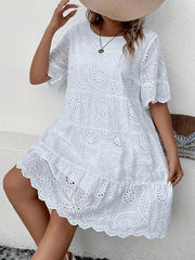 Plus Size Lace-Trimmed Eyelet Embroidery Dress with Mesh Fabric for Spring and Summer