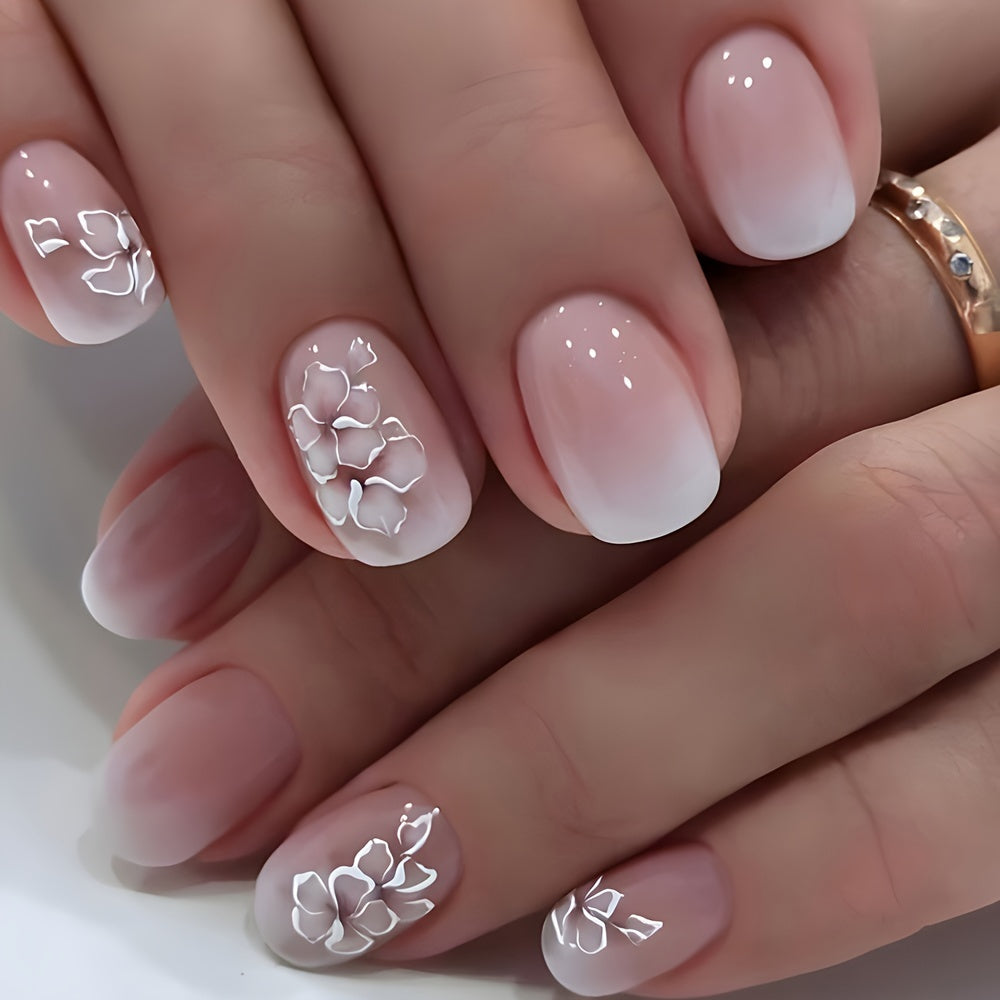 Uñas cortas de mujer, uñas postizas cuadradas, brillo, blanco rosa con diseño de flores, 24 piezas
