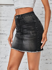 Women's Plus Size Black Denim Mini Skirt Frayed Hem Summer Streetwear