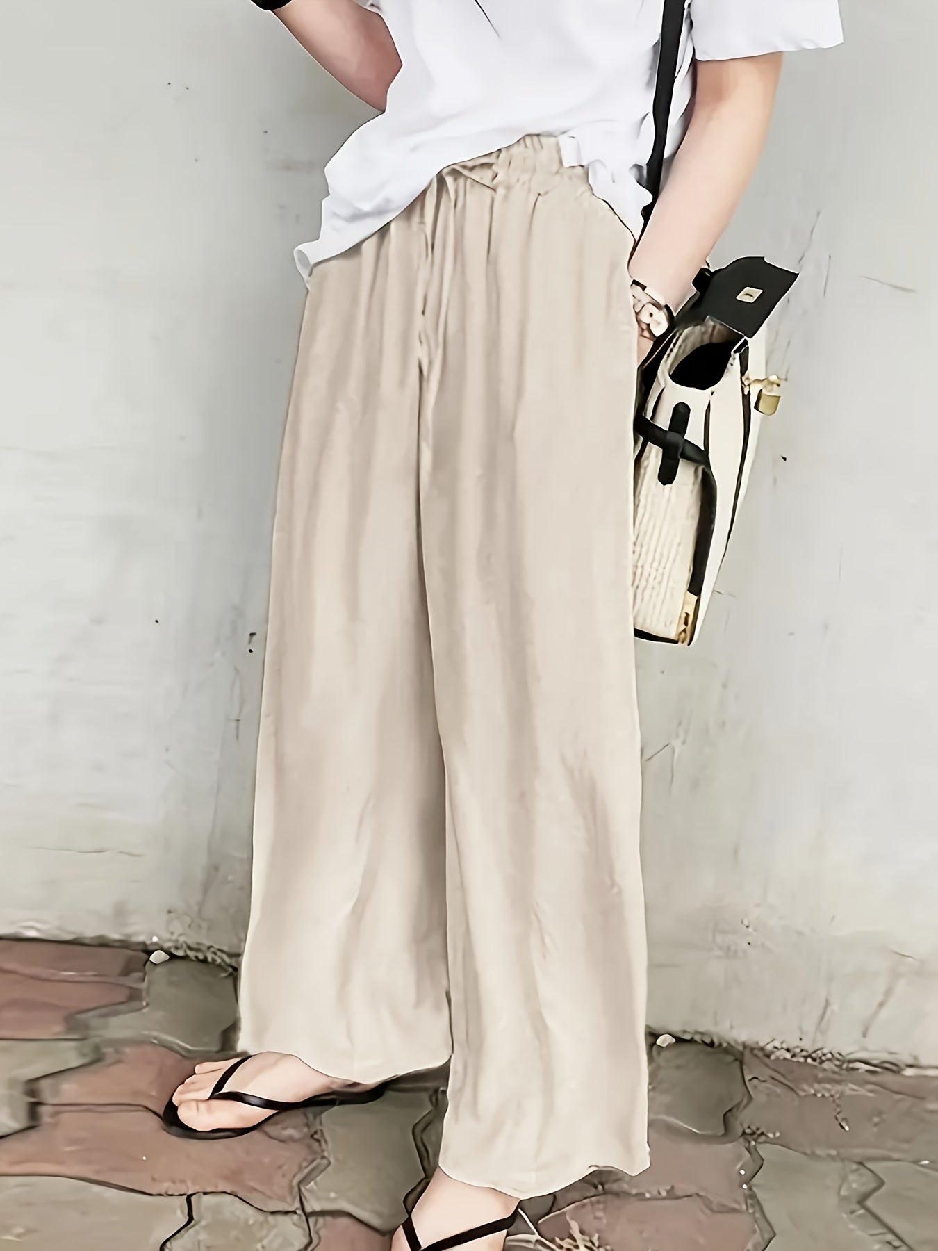 Women’s Lightweight Casual Pants with Drawstring Waist Beige Straight-Leg All-Season