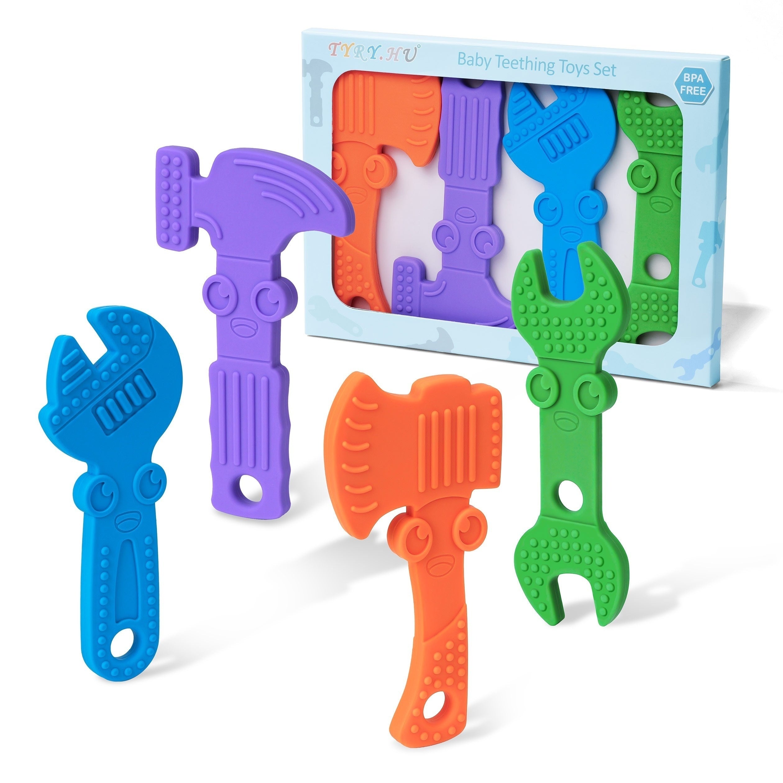 Baby Toy Set 4-Pack Silicone Tools for Toddlers Soft-Textured Hammer Wrench Spanner Pliers Gift