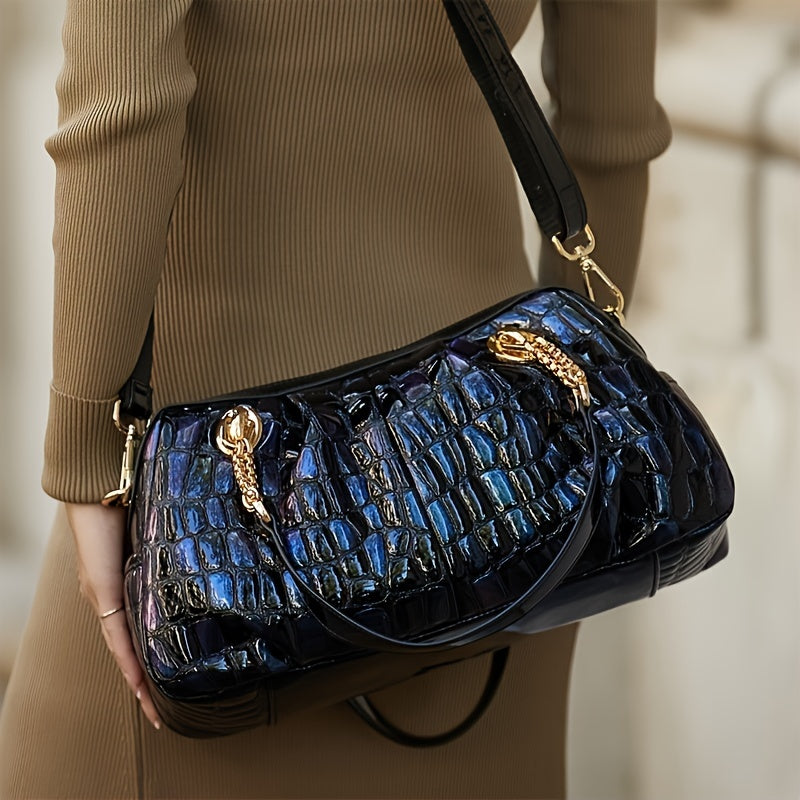 Leather Crocodile Pattern Messenger Bag for Women with Adjustable Strap and Zipper Closure