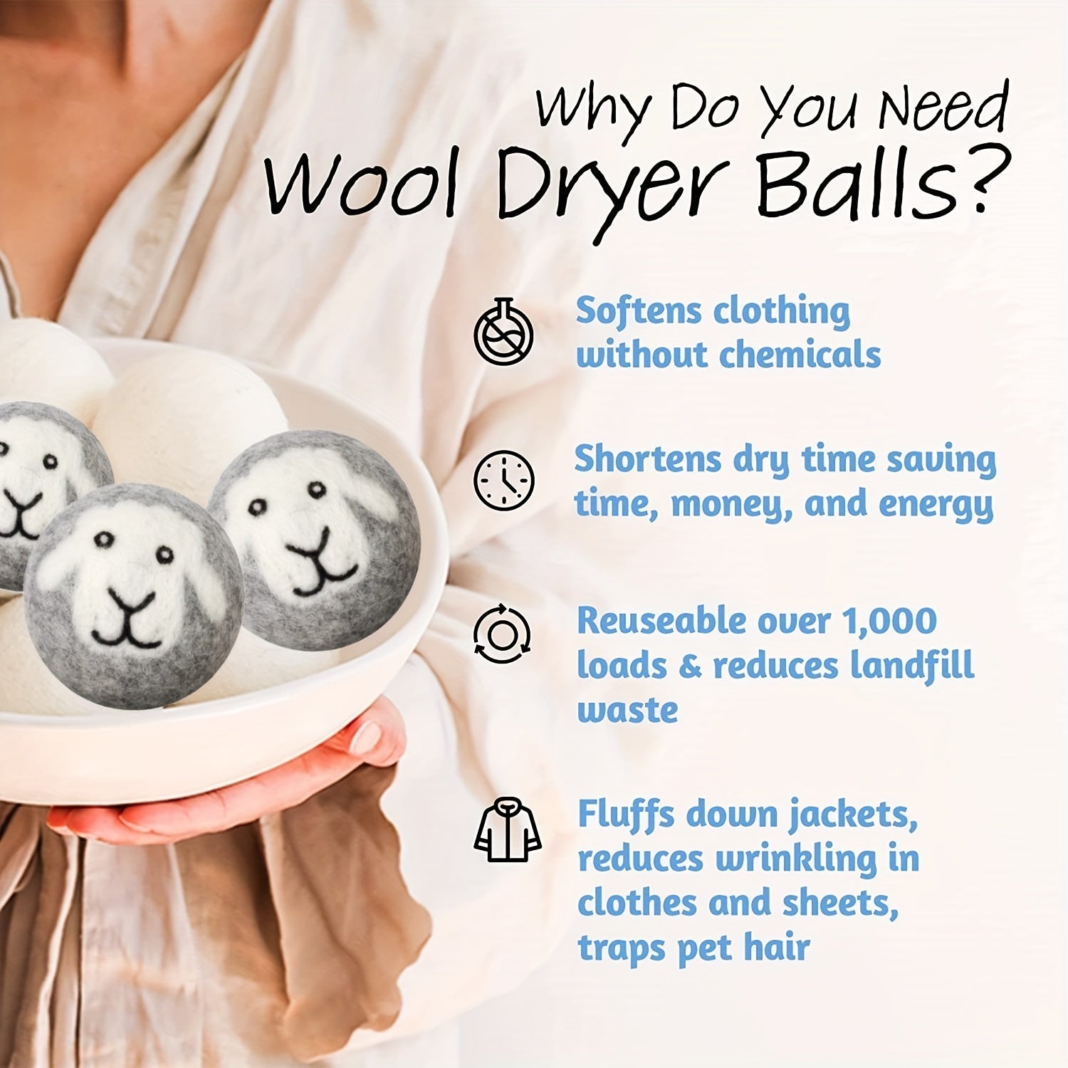 3Pcs Wool Dryer Balls Grey Sheep Reusable Fabric Softener Laundry Accessories