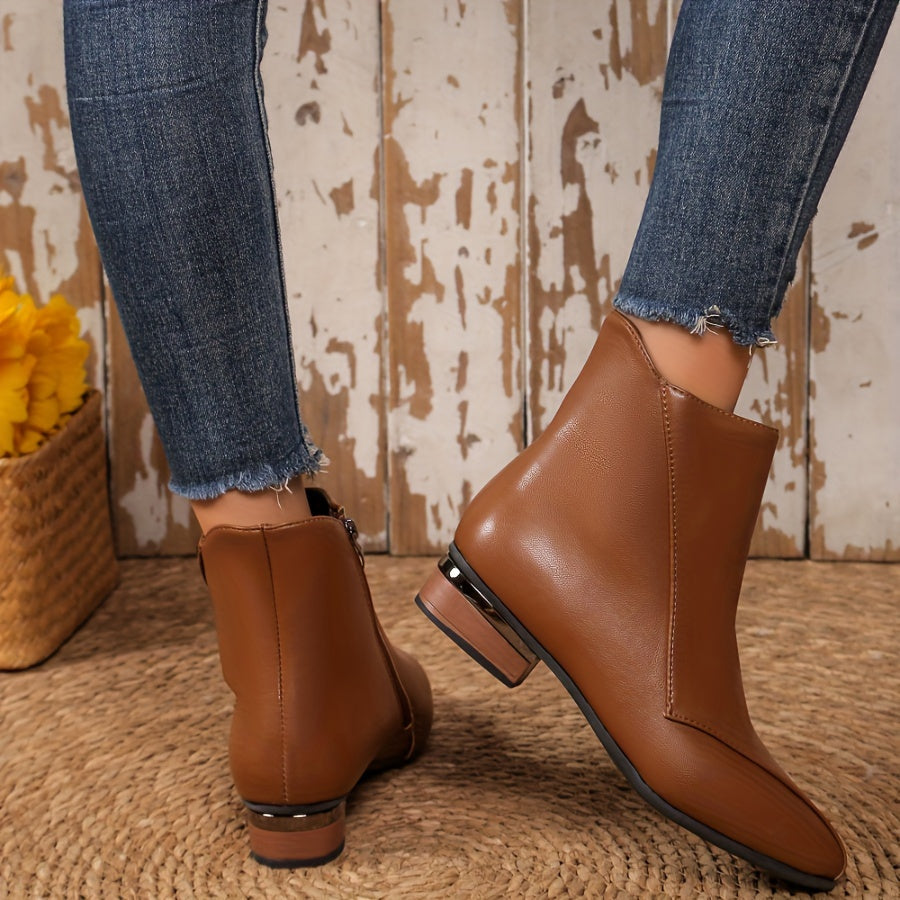 Women's Solid Color Elegant Boots Side Zipper Chunky Heels Point Toe