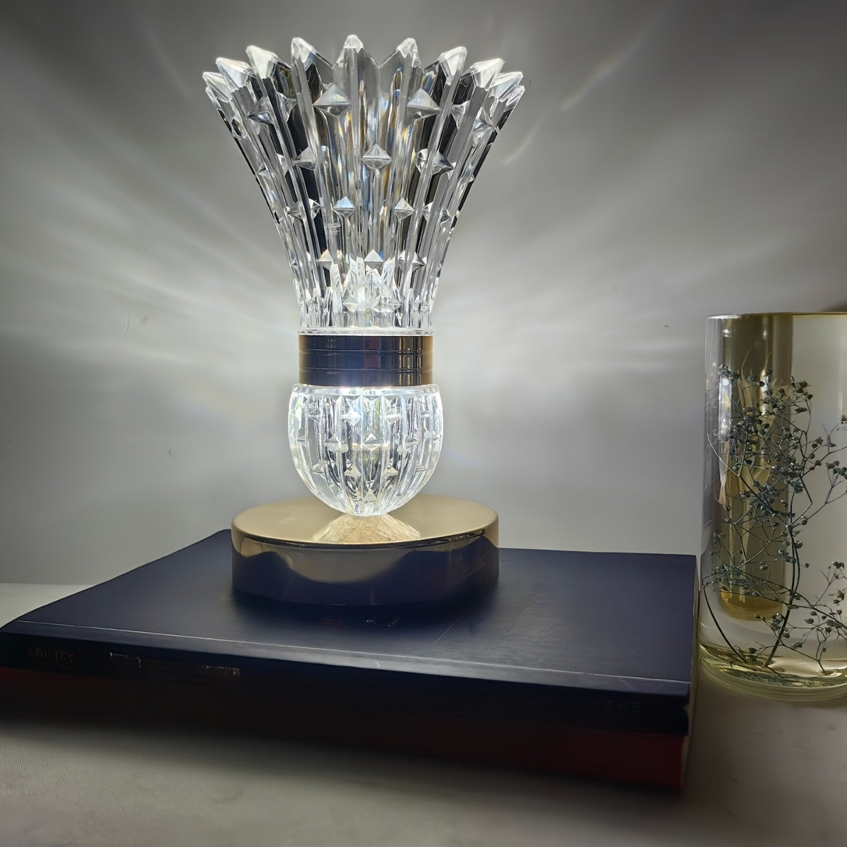 Rechargeable Crystal Vase Table Lamp with Feather Ball Design for Bedroom