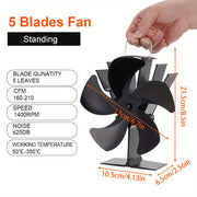 5-лопастной переносной вентилятор для камина — эффективное распределение тепла для дровяных печей и каминных горелок без электричества